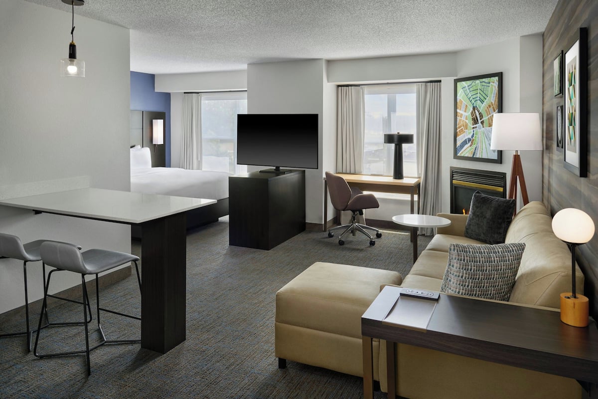 Studio, 1 King Bed with Sofa bed, City View (Fireplace) | Living area | Flat-screen TV