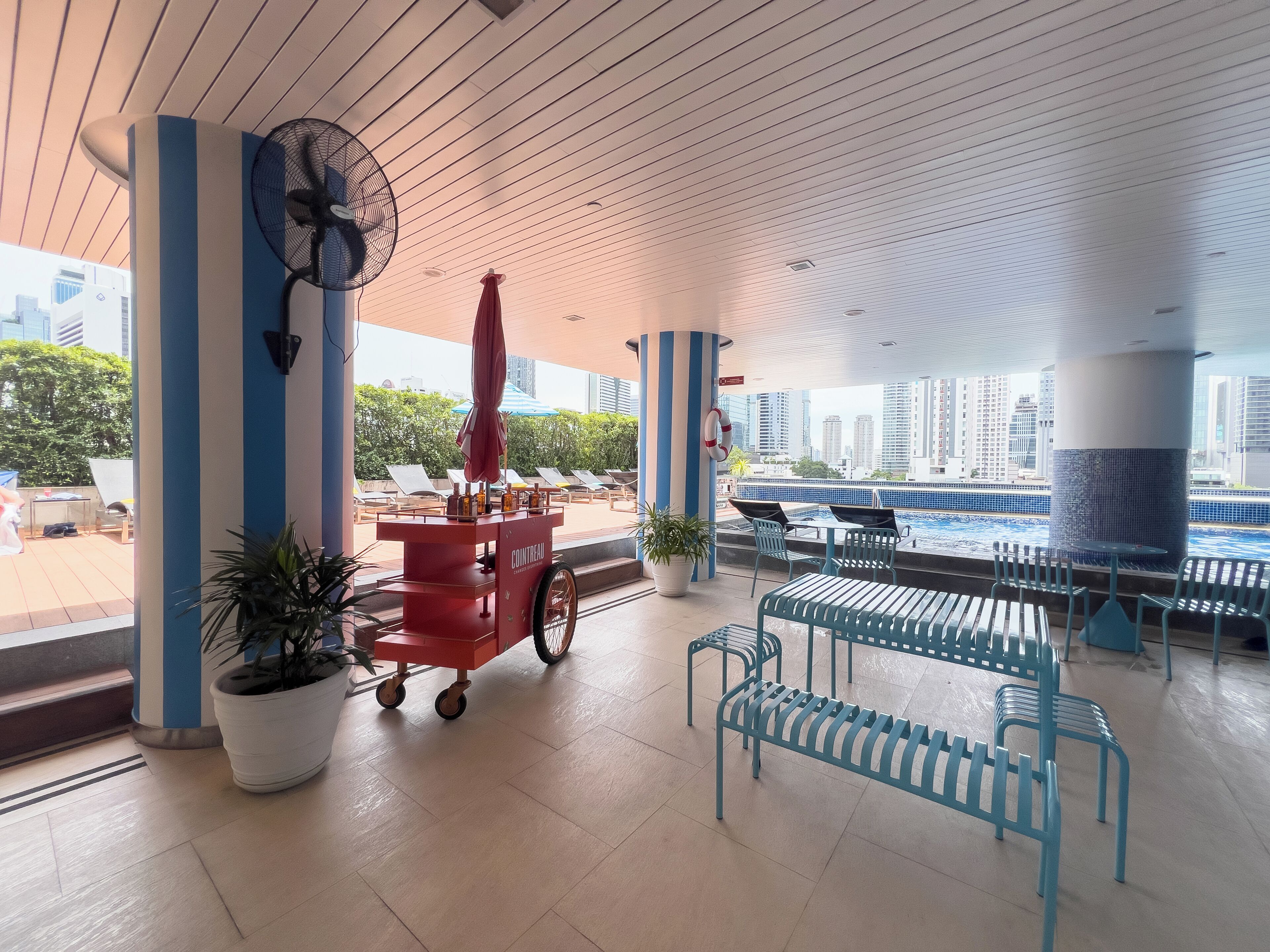 outdoor pool, pool umbrellas, pool loungers