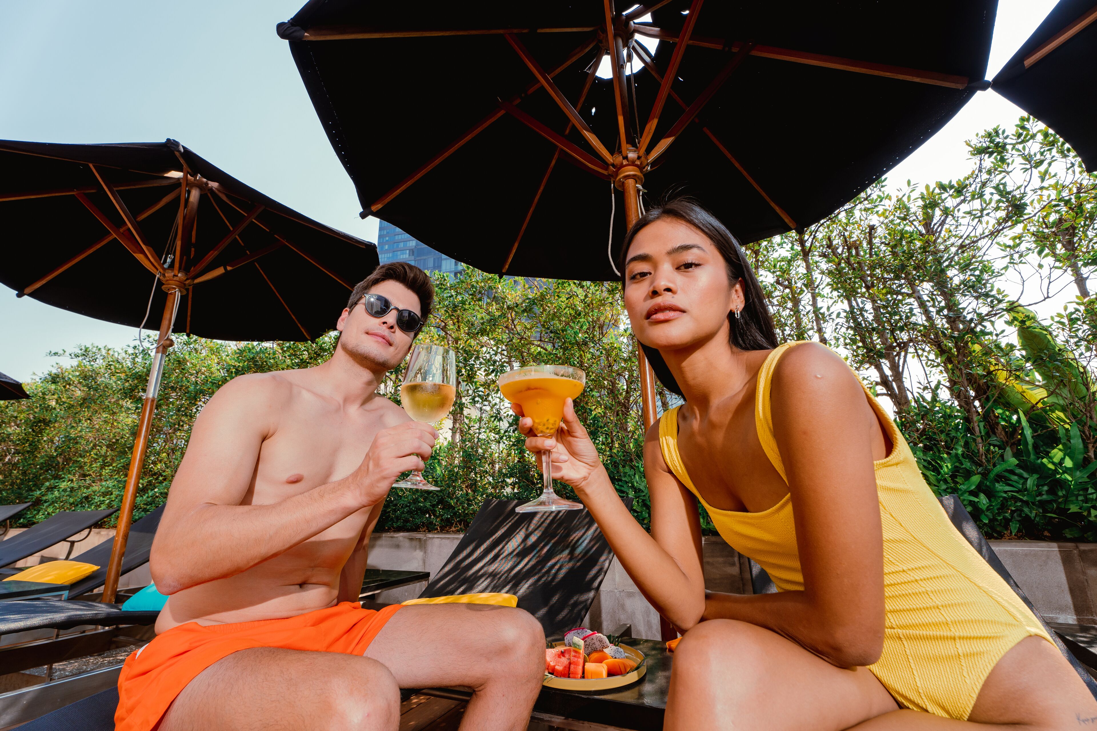 outdoor pool, pool umbrellas, pool loungers