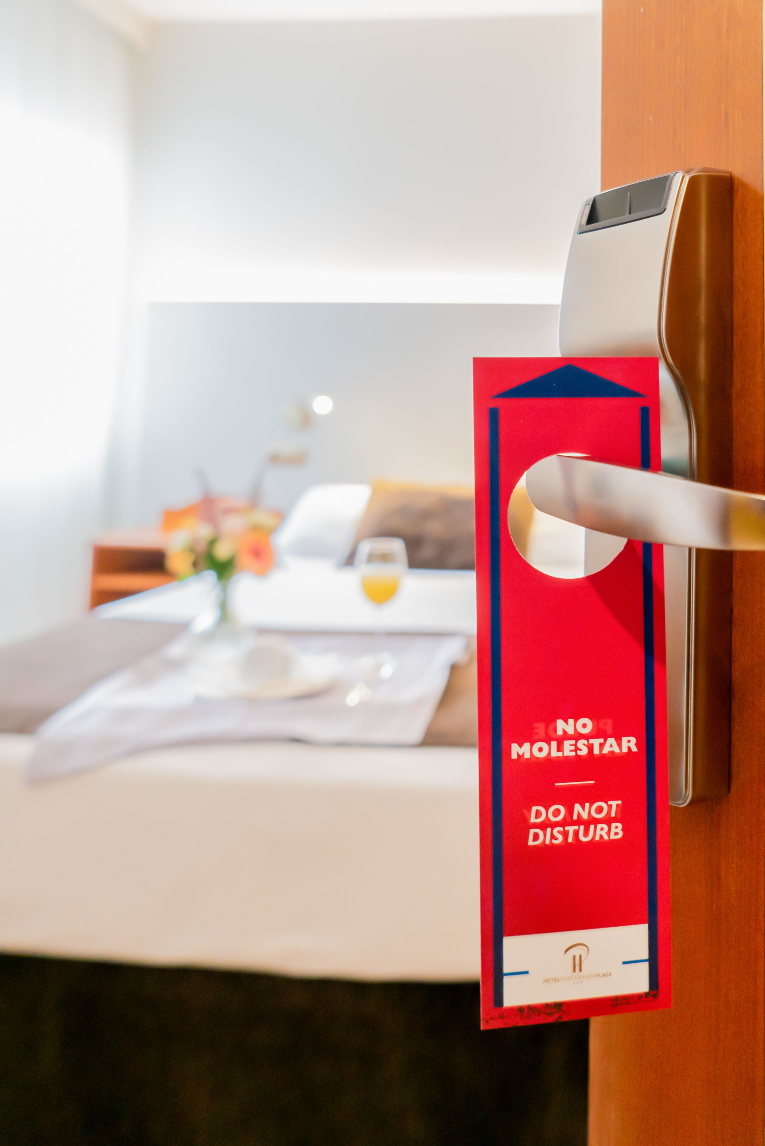 Puerta de una habitación de hotel con un cartel que dice 'NO MOLESTAR'.