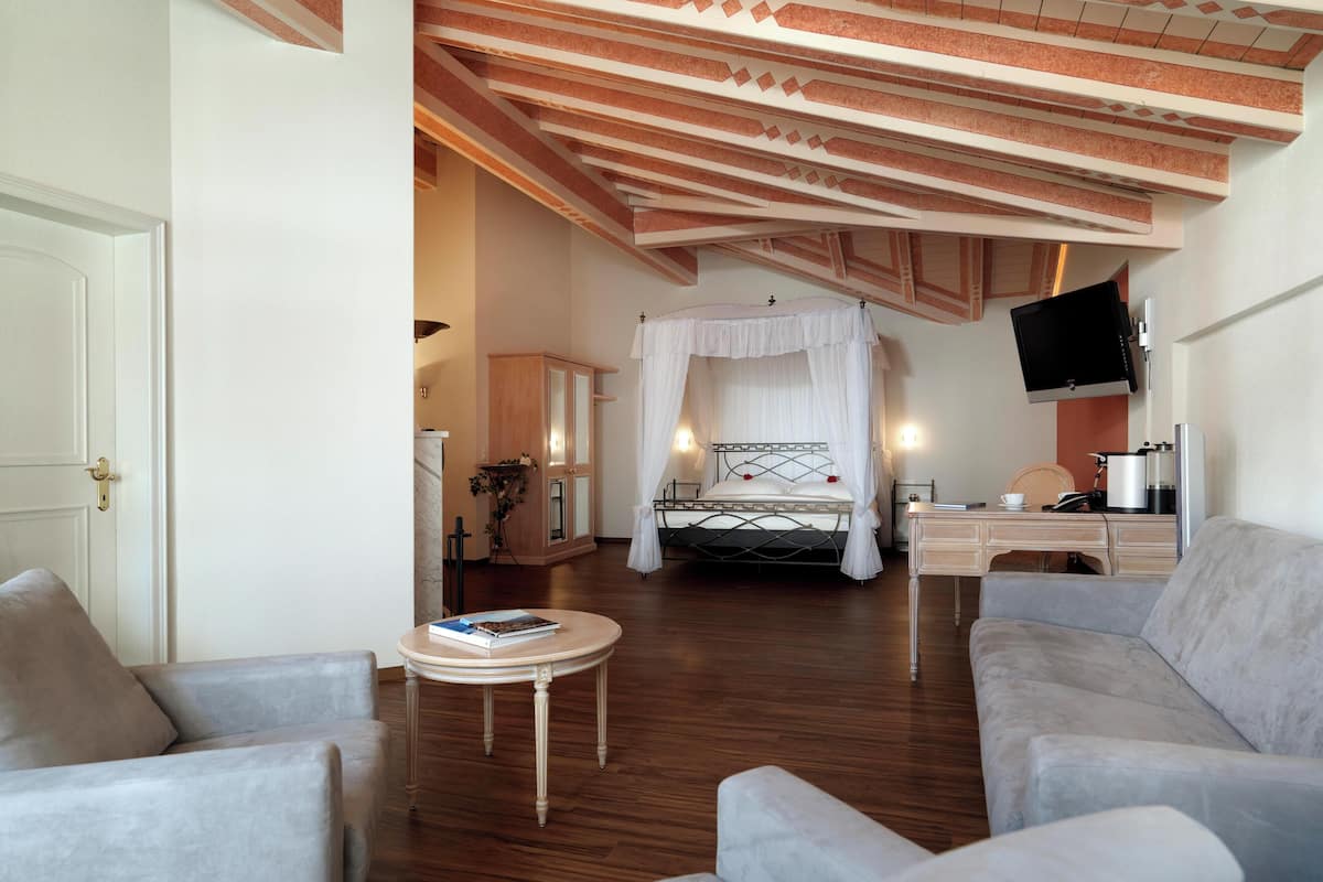 Un dormitorio con cama a dosel, televisor, escritorio y sofá.