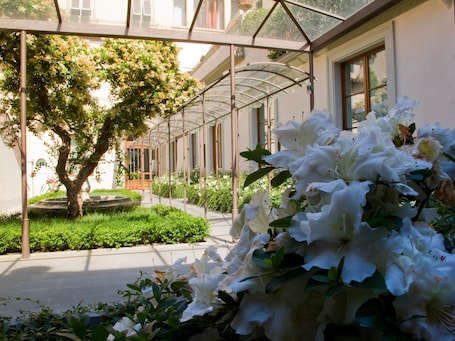 A covered garden area with a pathway, a tree, and white flowers.