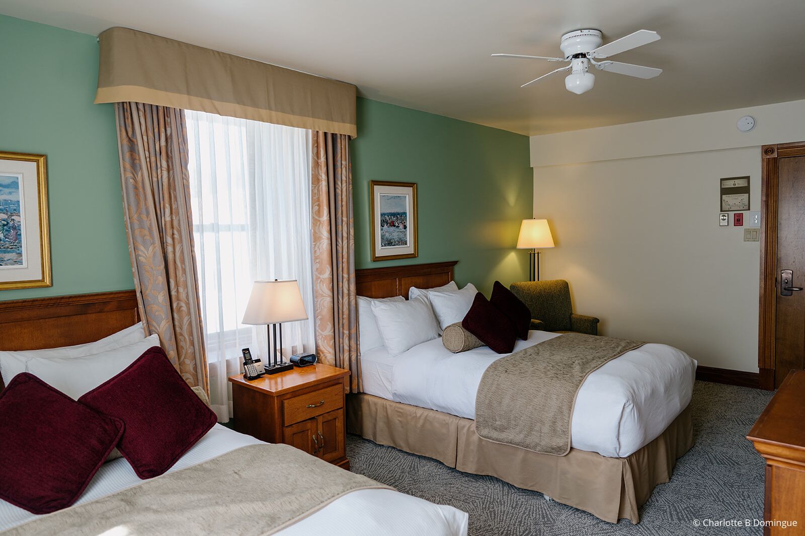 hypo-allergenic bedding, desk, blackout curtains, iron/ironing board