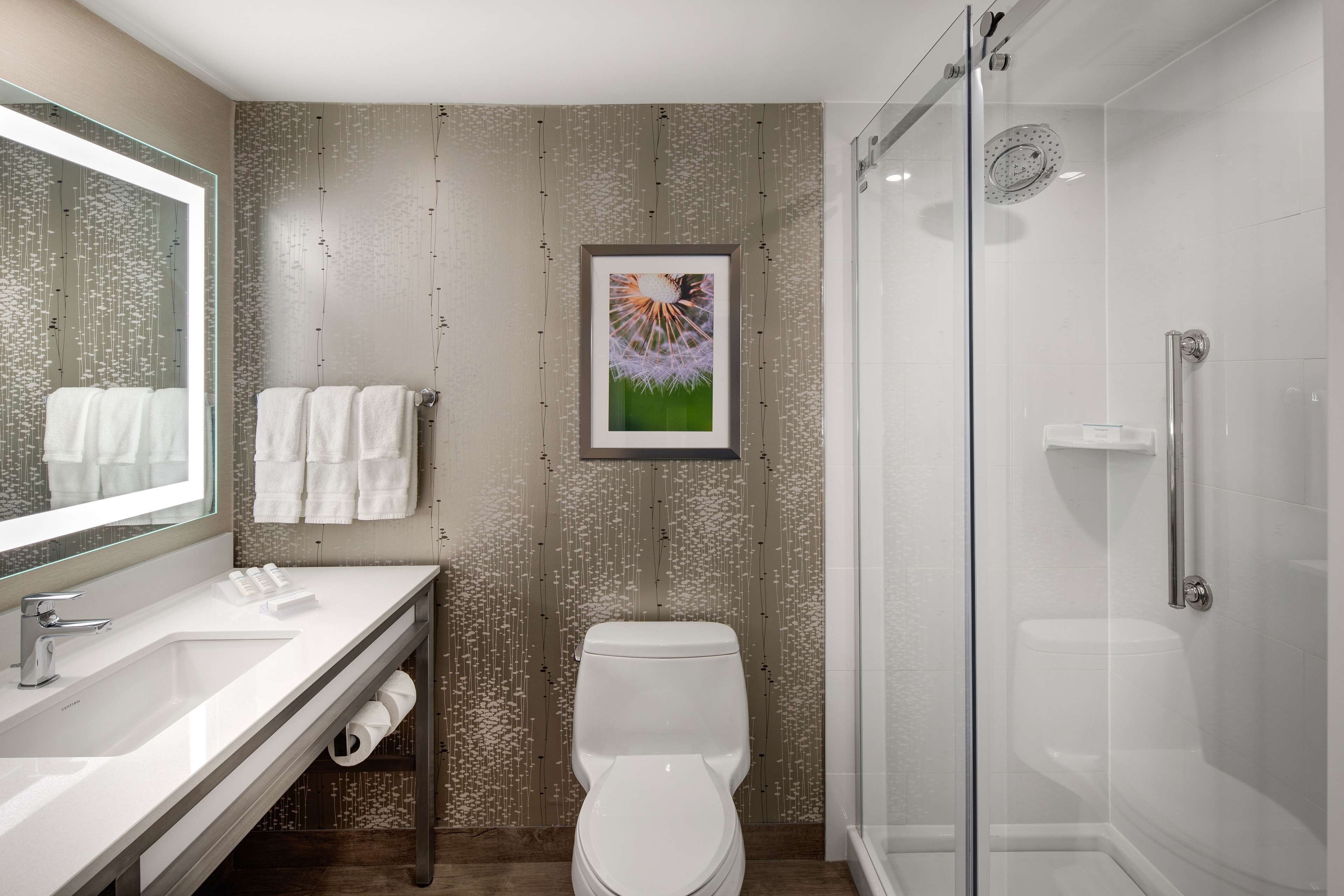 Un baño moderno con lavamanos, inodoro y cabina de ducha con mampara de vidrio.