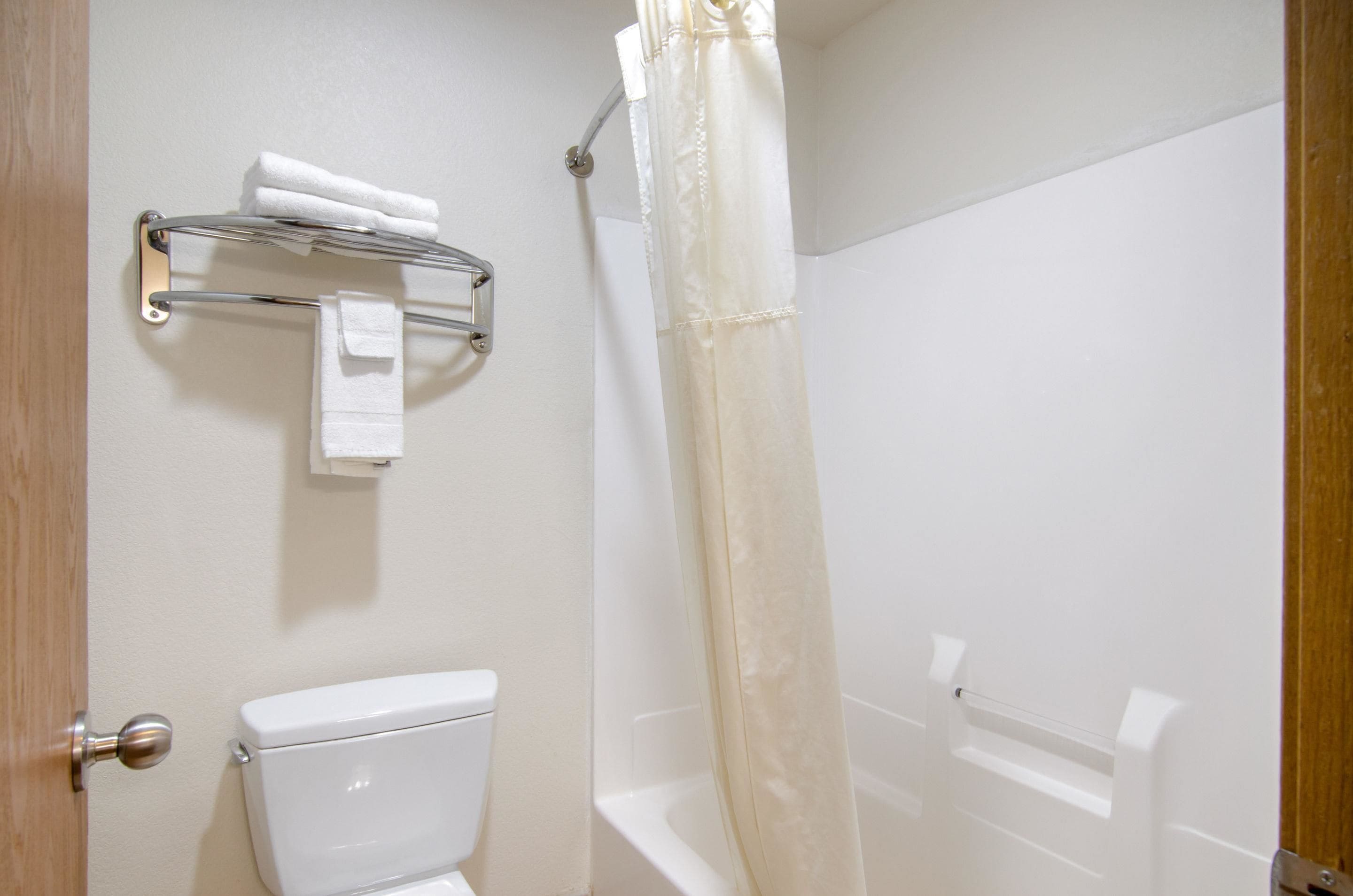 Un baño con inodoro, toallero y cortina de ducha.