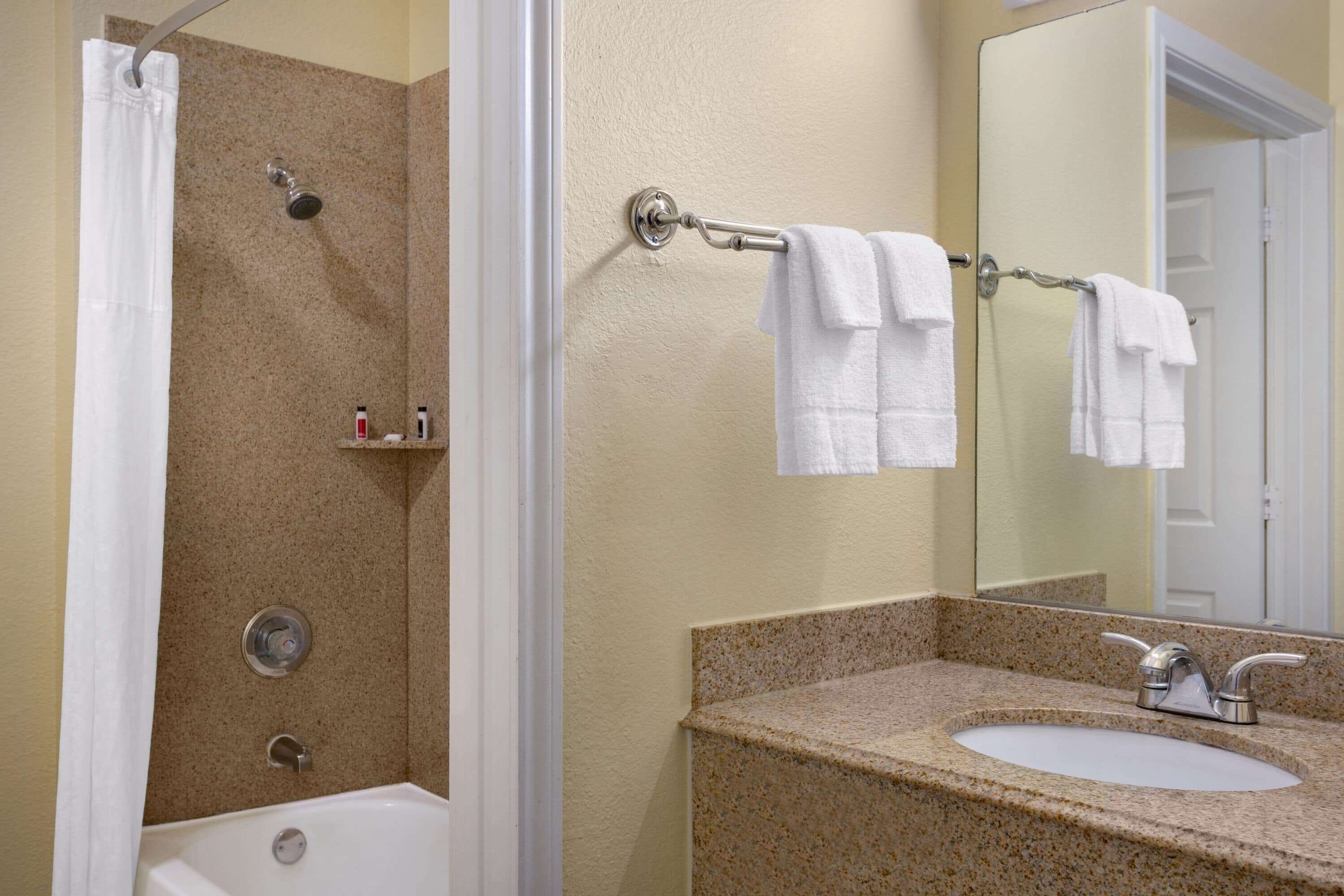 A bathroom with a shower, a sink, and a mirror.