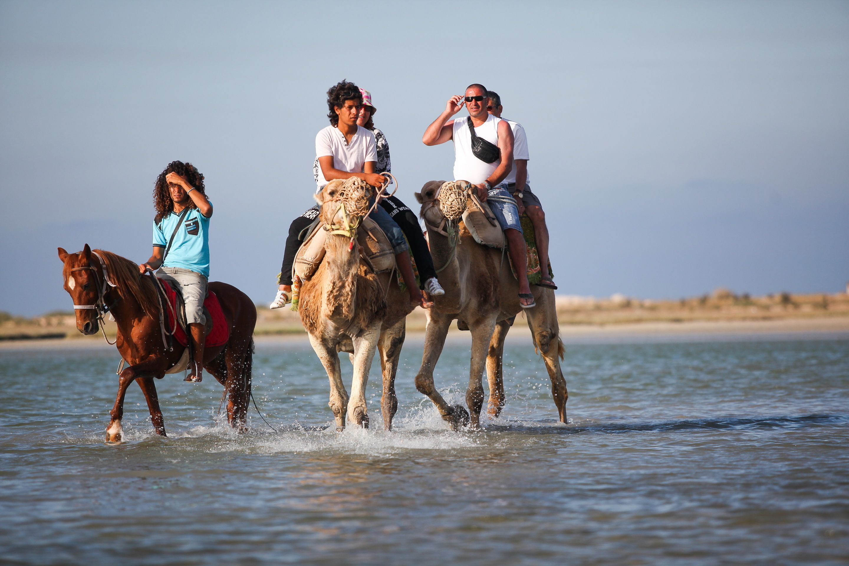 Drei Personen reiten auf Kamelen durch flaches Wasser, im Hintergrund ein Strand und ein klarer Himmel.