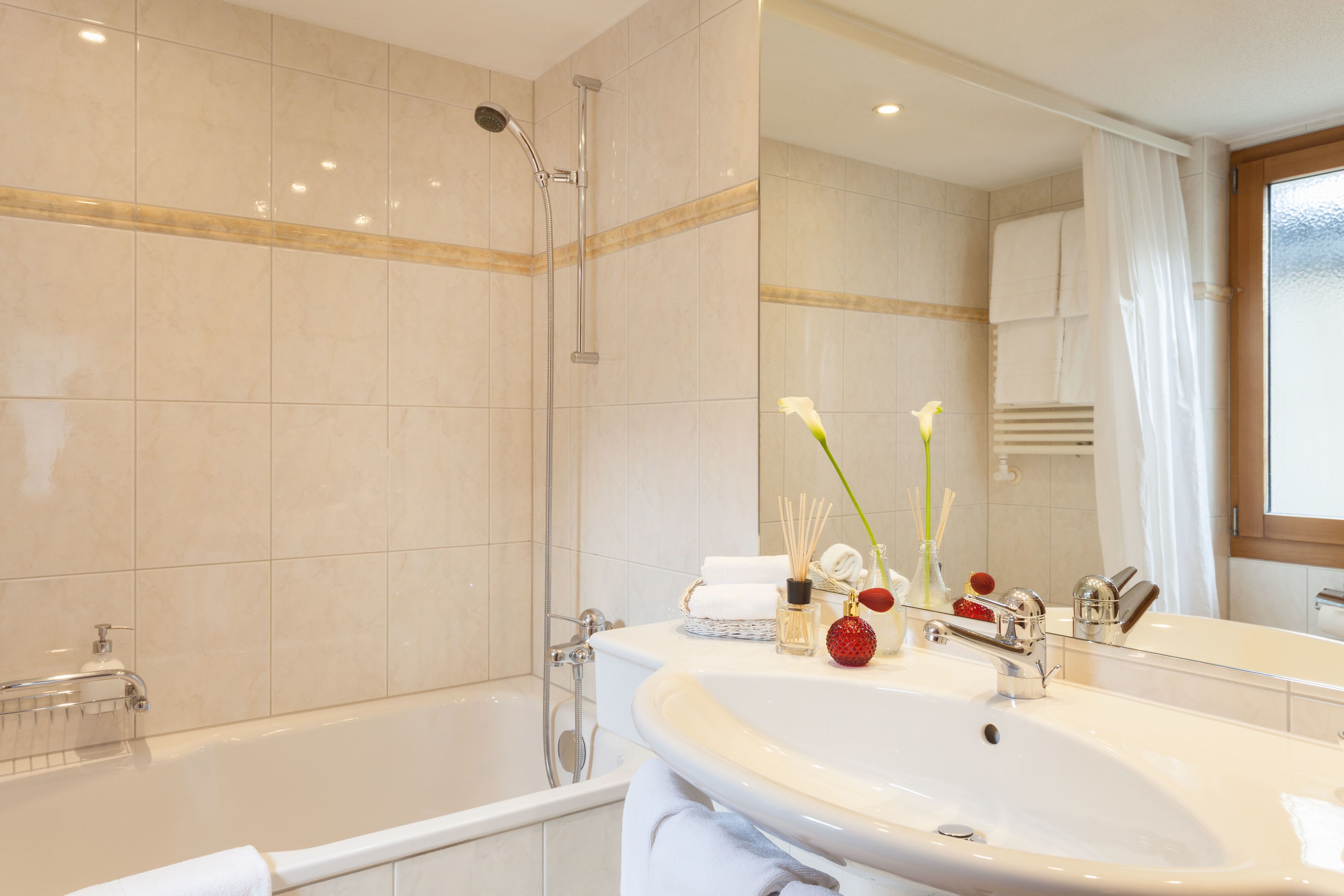 combined shower/bathtub, hair dryer, bathrobes, slippers