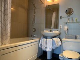 Une salle de bain comprenant une baignoire, un lavabo, des toilettes, une douche et un miroir.