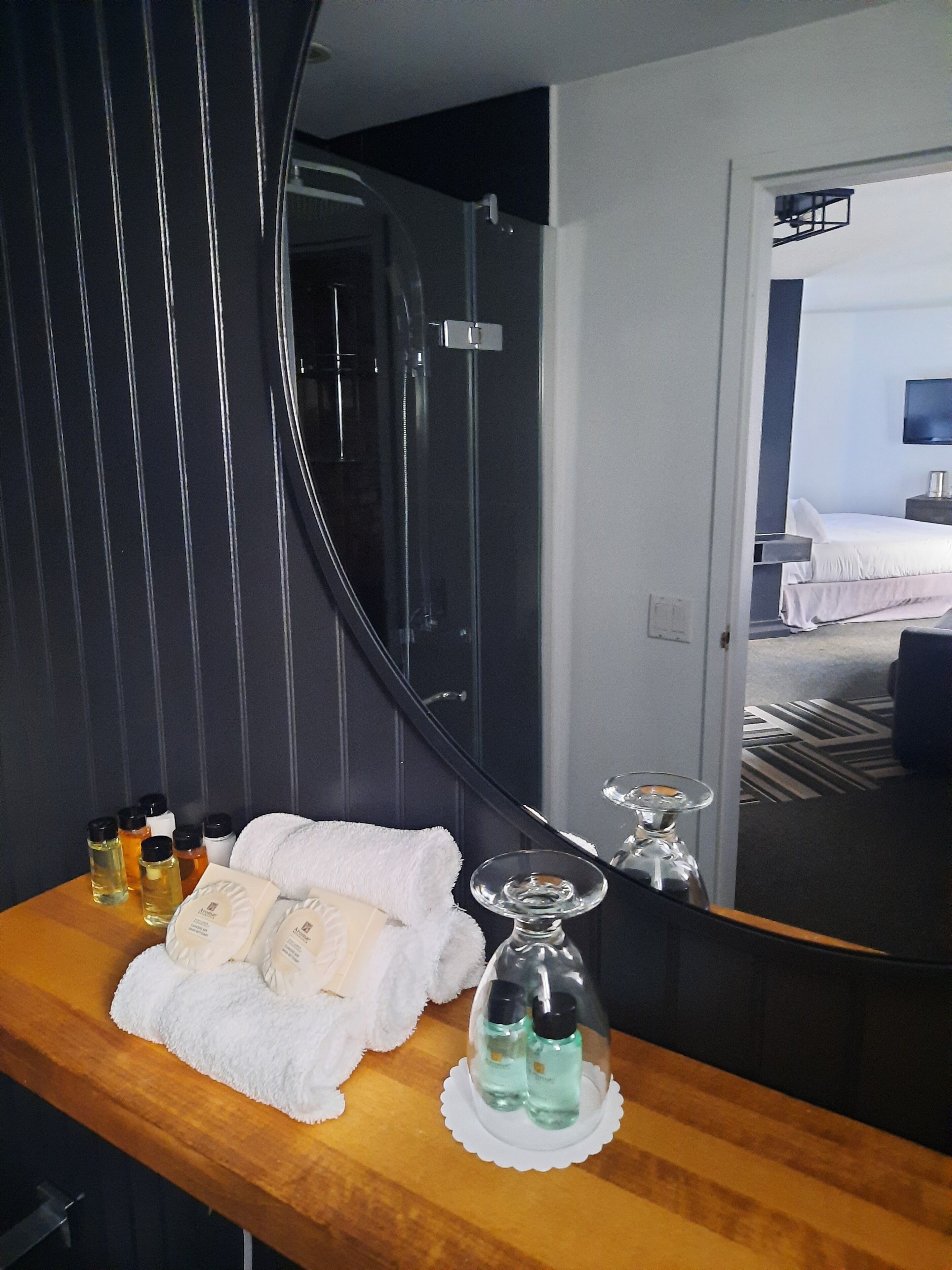 junior suite | bathroom amenities | shower, free toiletries, hair dryer, towels
