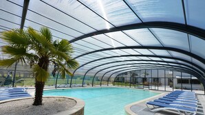 Una piscina interior con techos de vidrio transparente, sillones reclinables azules y una palmera.