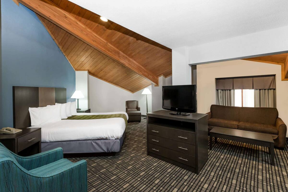 A hotel room with a large bed, a desk with a TV, a sofa, and a chair.