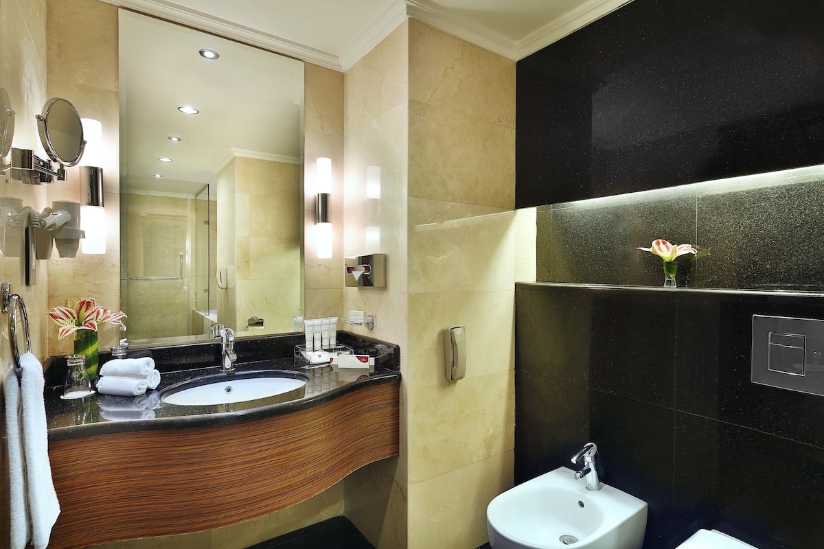 rainfall showerhead, free toiletries, hair dryer, bathrobes