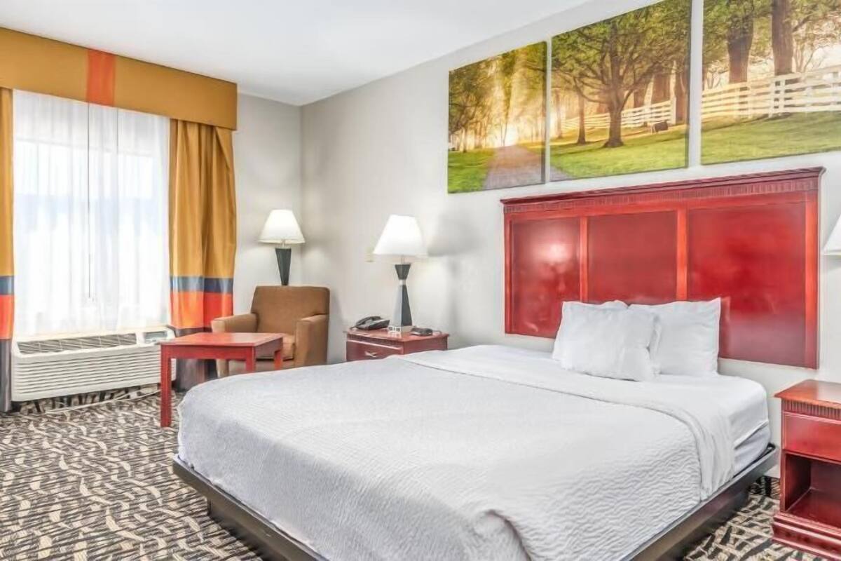 Habitación de hotel con cama, dos mesitas de noche, una silla, un escritorio, una lámpara, un calentador y un cuadro en la pared.