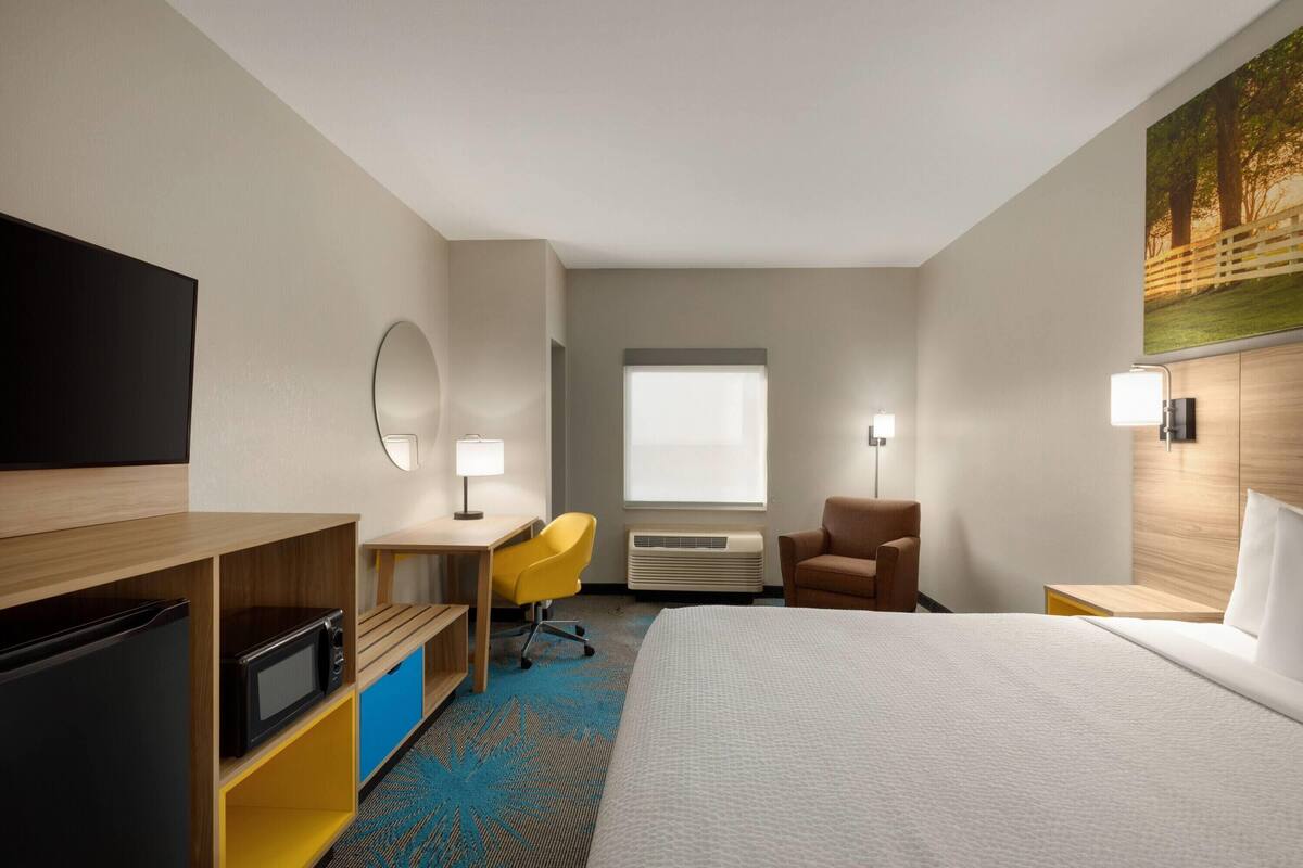 Una habitación de hotel con cama, escritorio y silla, televisor, aire acondicionado y un cuadro en la pared.