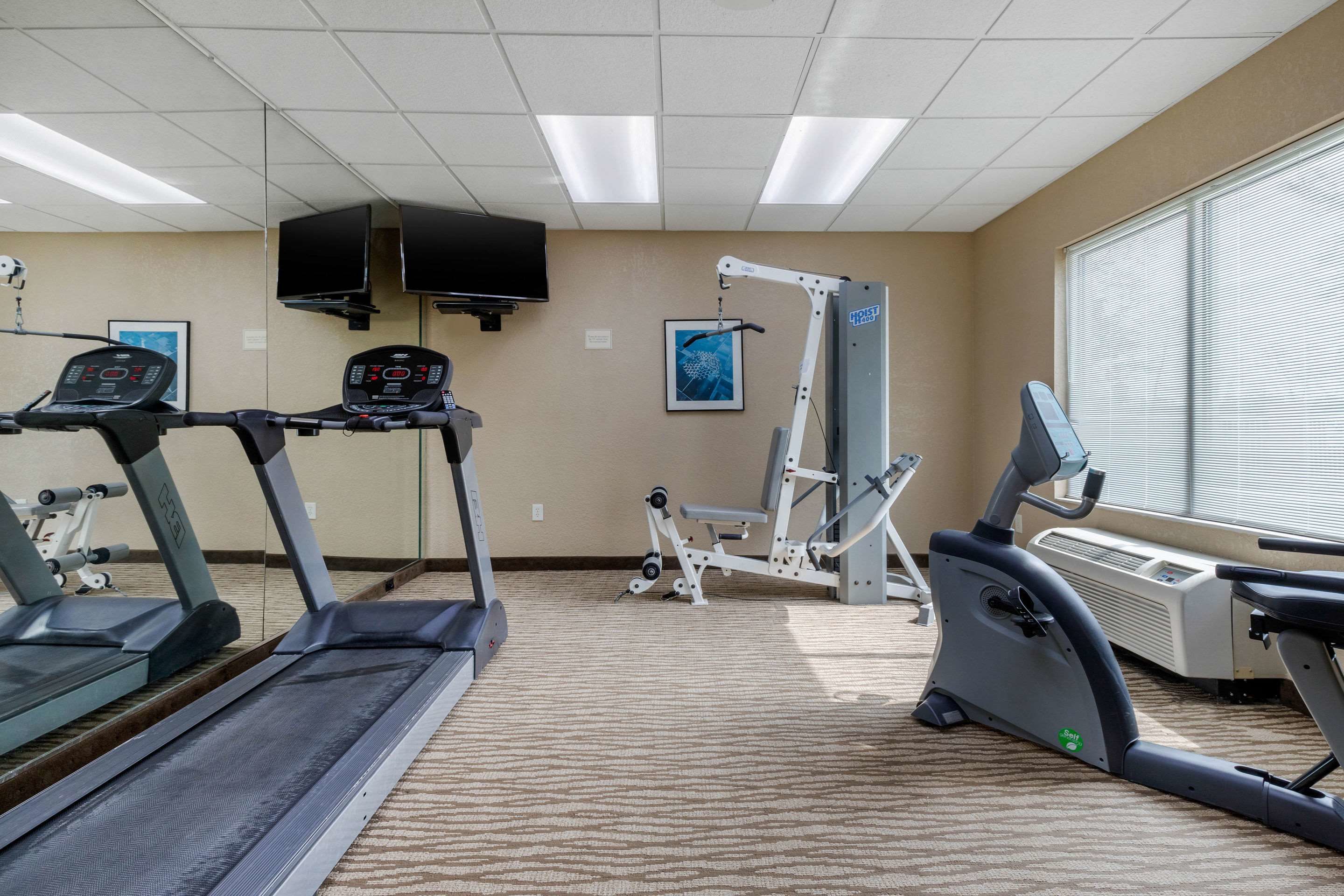 Ein Fitnessstudio mit Laufbändern, Crosstrainern und Krafttrainingsgeräten.