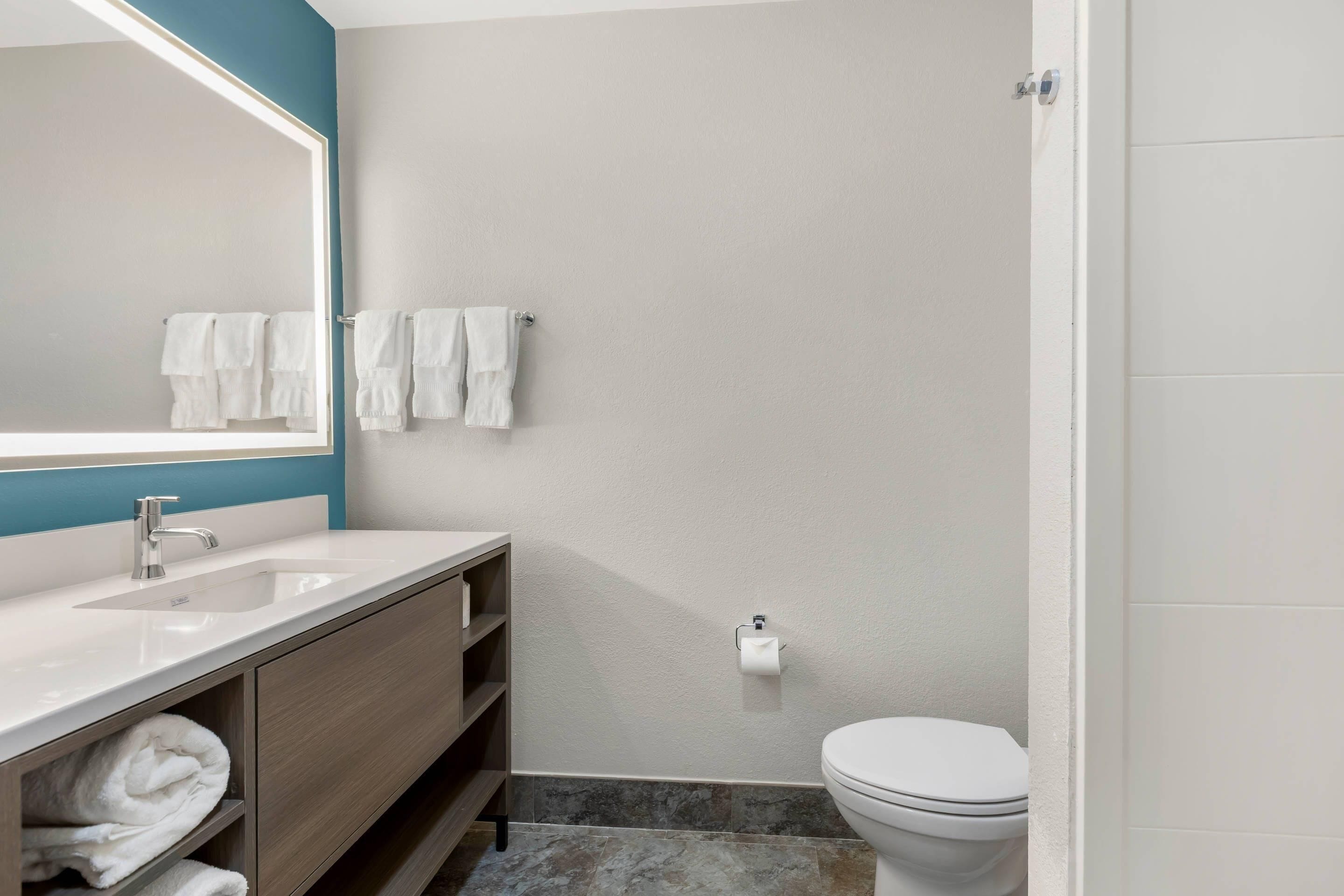 Een badkamer met een wastafel, spiegel, handdoekhouder, toilet en douche.