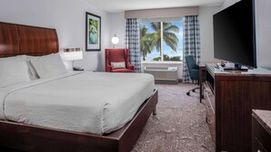 Habitación de hotel con una cama grande, un escritorio, una silla, un televisor y una ventana con vista a palmeras.