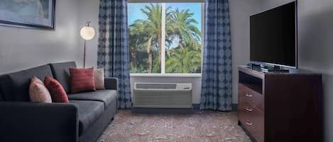 Una habitación con un sofá de color oscuro, un televisor de pantalla plana, un ventanal con cortinas y una alfombra estampada.