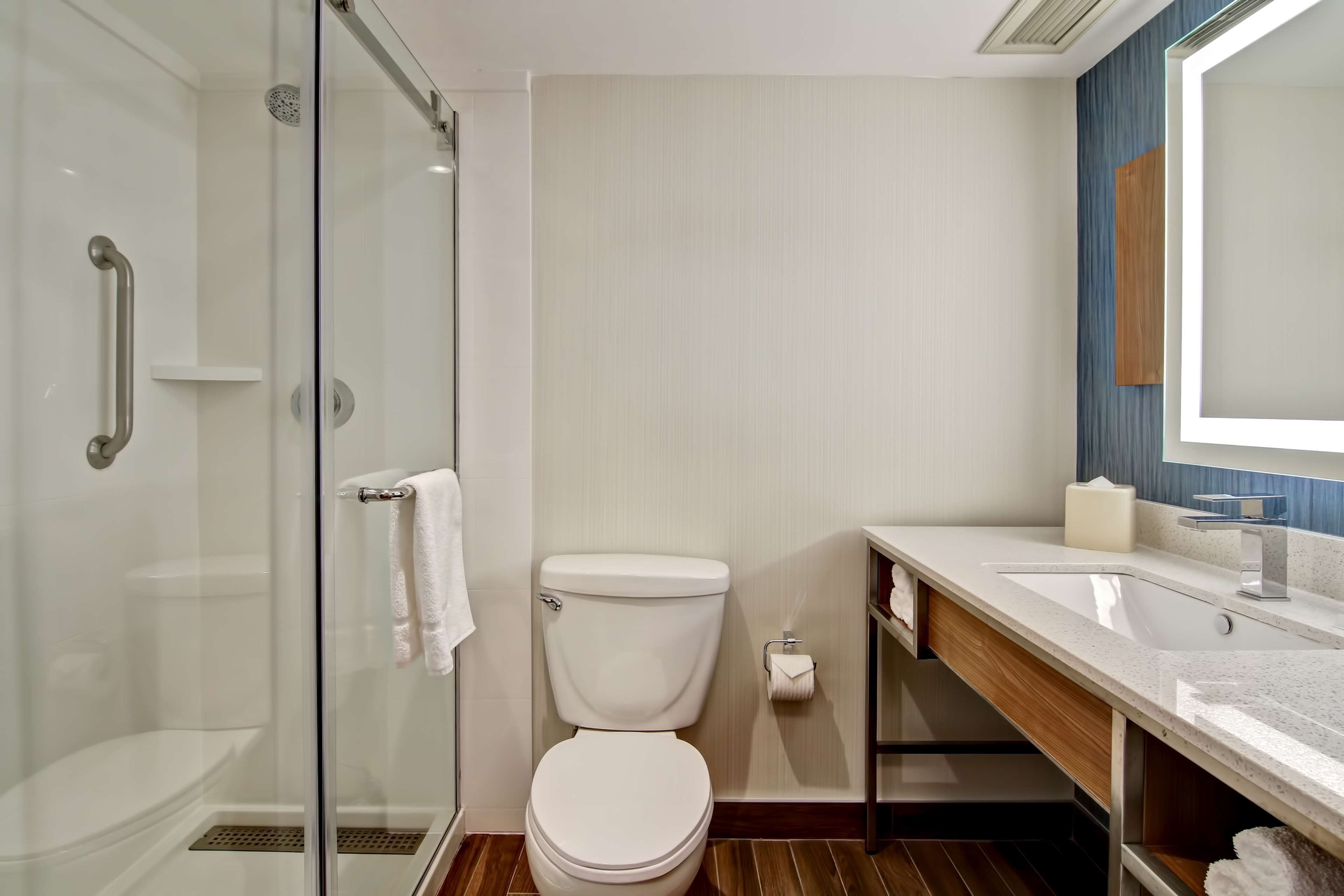 A modern bathroom with a glass-enclosed shower, a white toilet, and a wooden vanity with a sink.