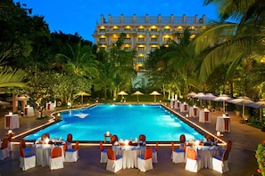 Outdoor pool, pool umbrellas, pool loungers
