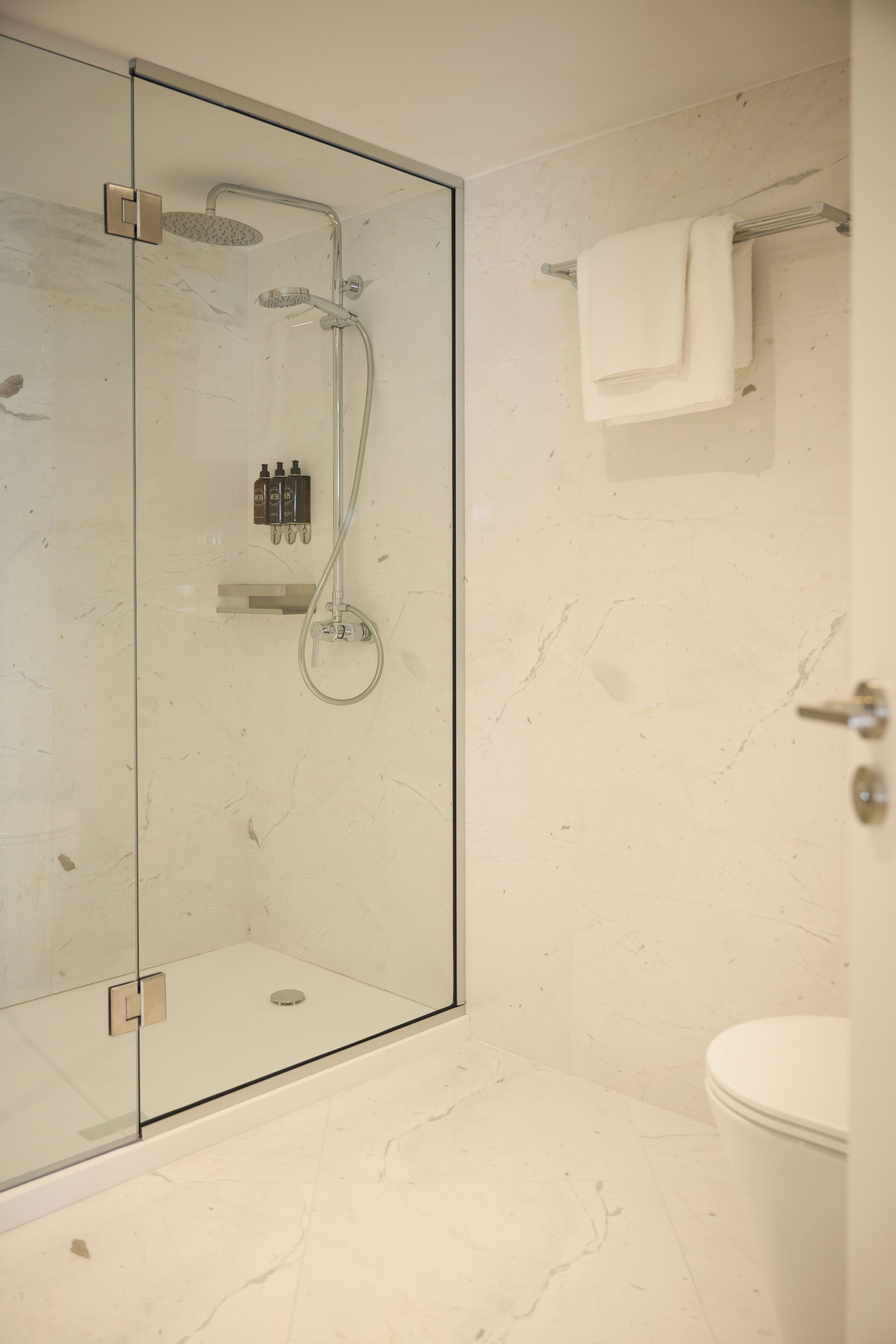 Un baño con ducha envuelta en vidrio, un inodoro blanco y un perchero para toallas.