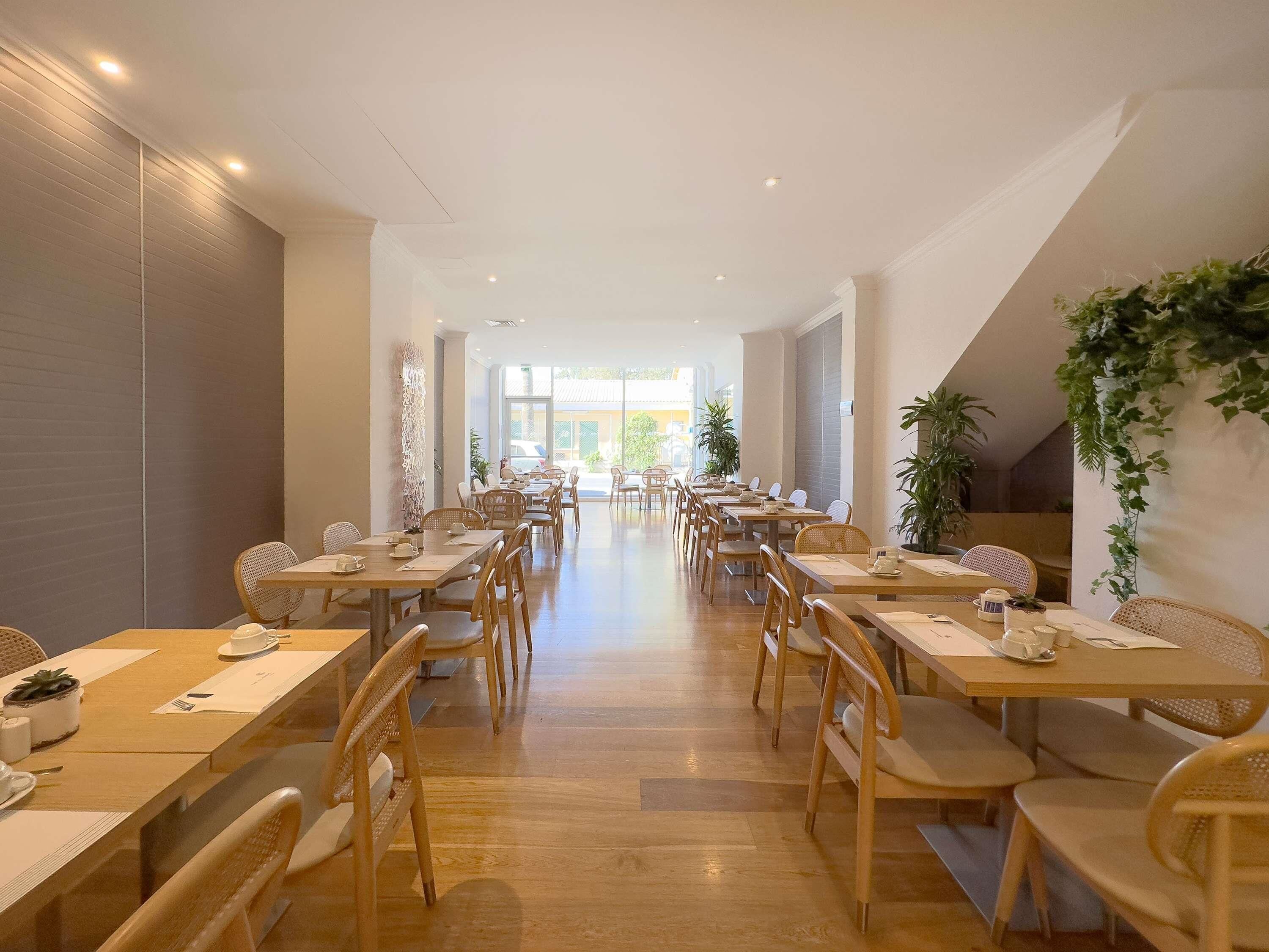 Un comedor amplio con mesas y sillas largas, ventanas grandes y plantas de interior.