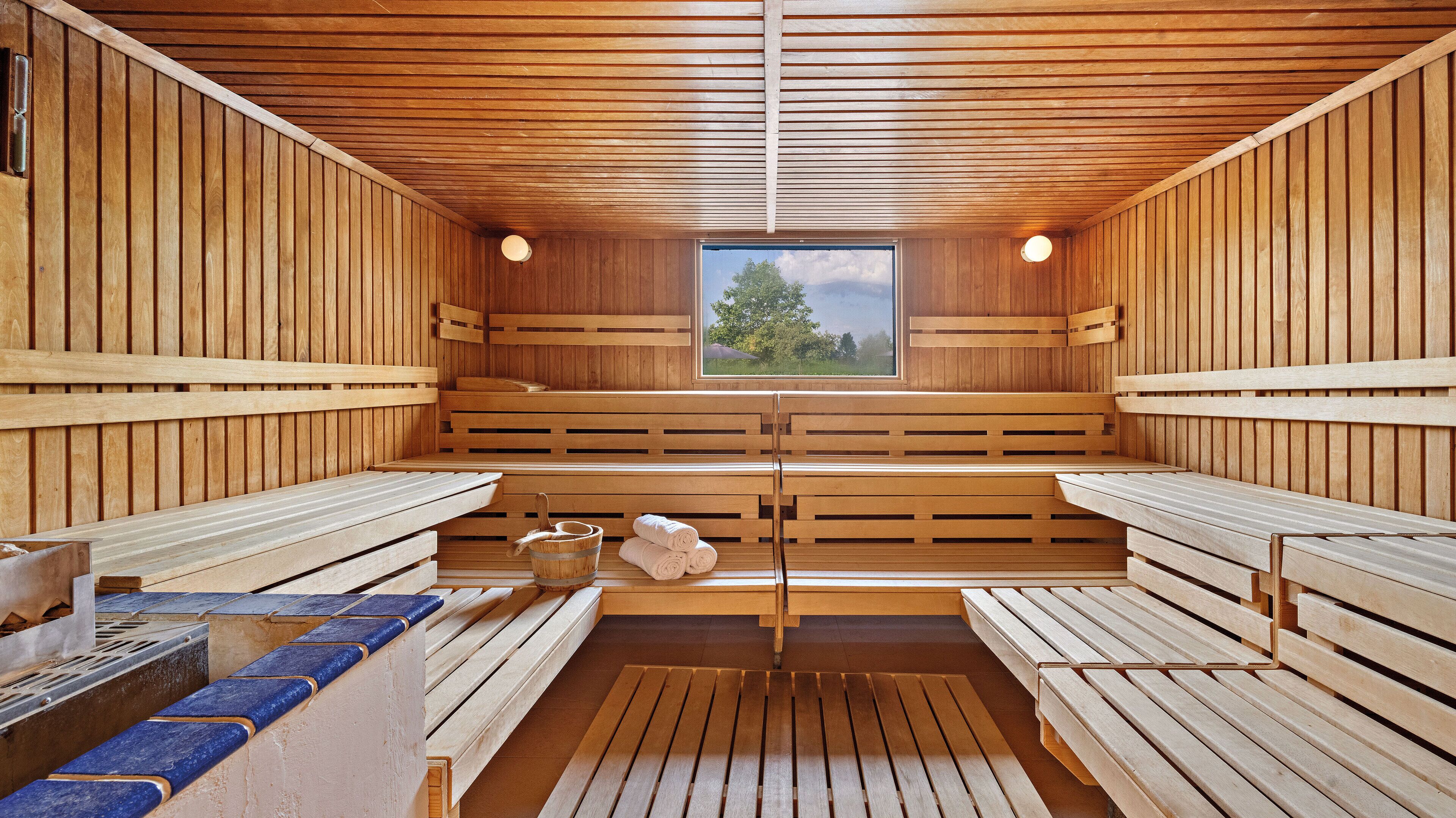 A sauna with wooden benches, a window with a view of greenery, and a bucket with towels.
