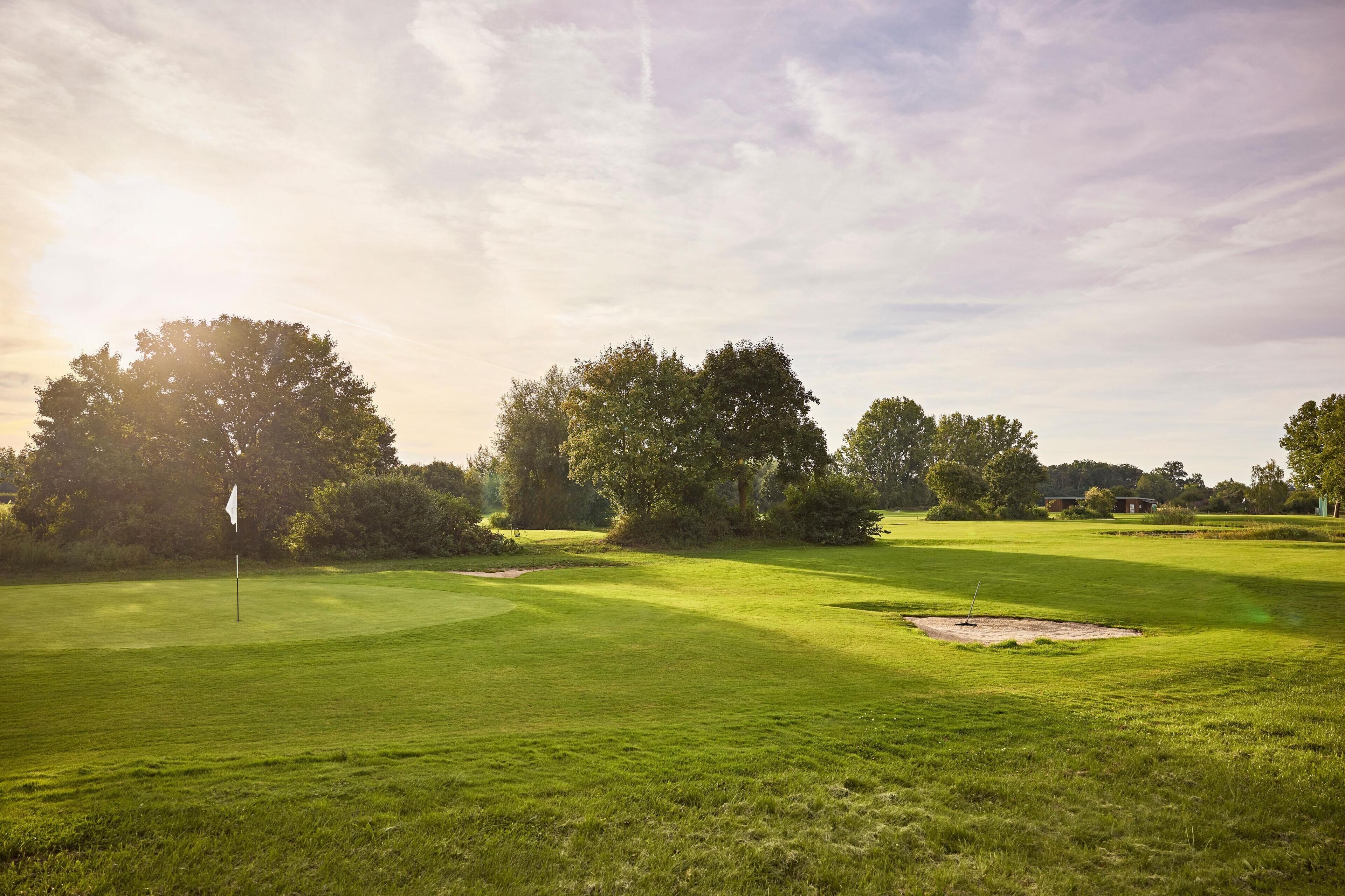 Un campo de golf con un mástil de bandera, búnkeres de arena y árboles al fondo.