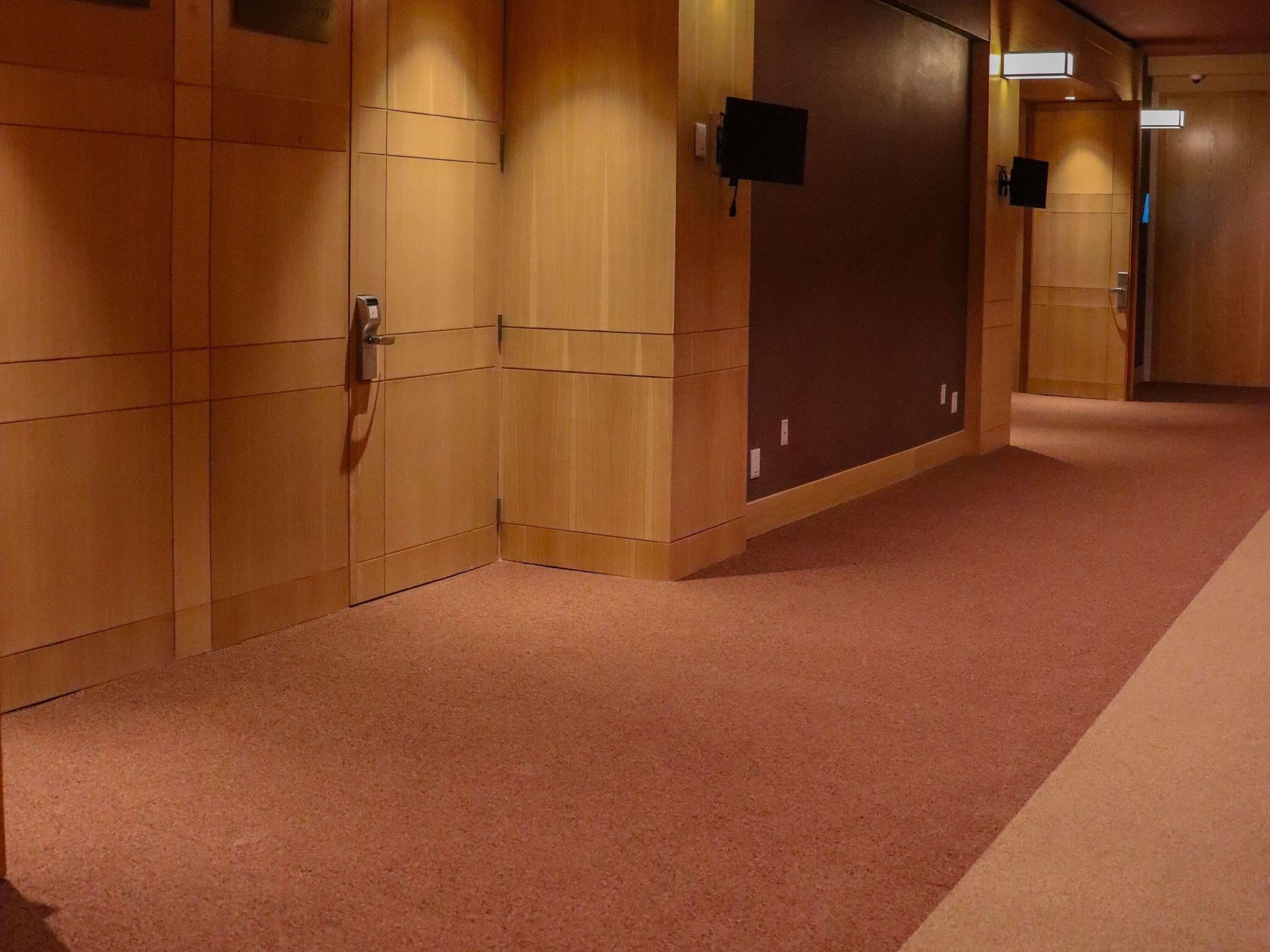 Un pasillo con paneles de madera, piso alfombrado y una puerta con teclado de seguridad.