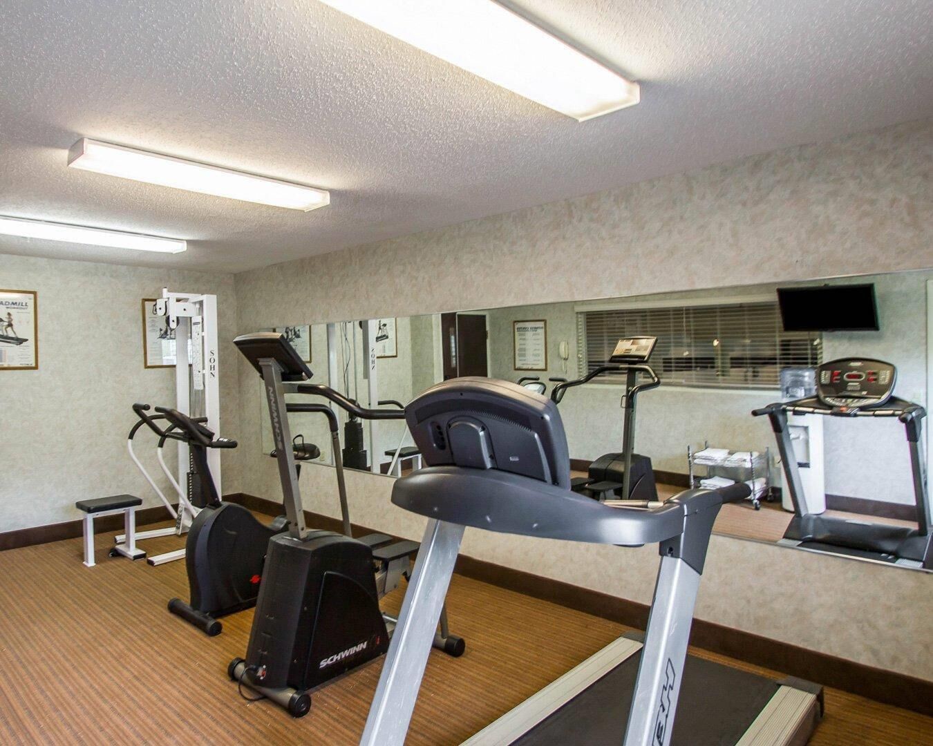 A gym with treadmills, elliptical machines, and a mirrored wall.