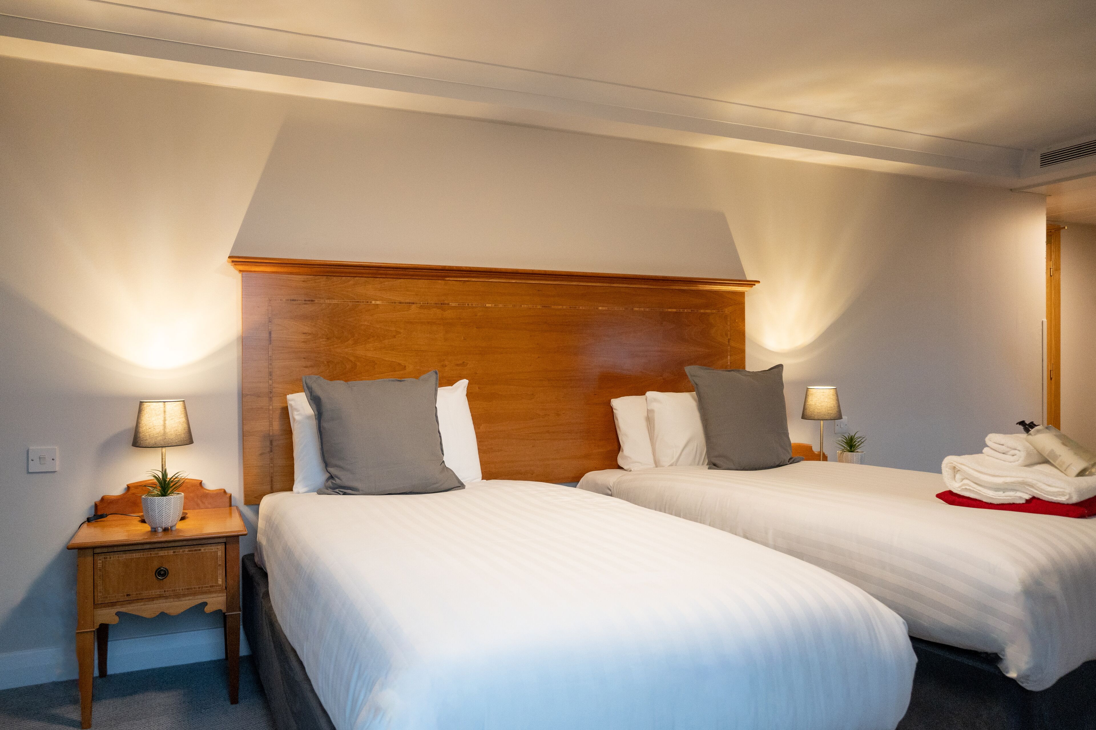 Habitación de hotel con dos camas, cabeceros de madera, lámparas de noche y una mesita con una planta.