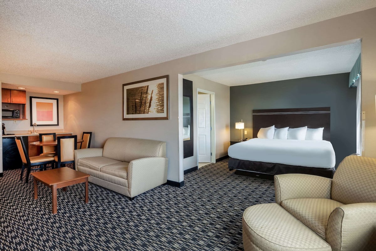 A hotel room with a bed, two sofas, a small table, a desk with chairs, and a microwave.