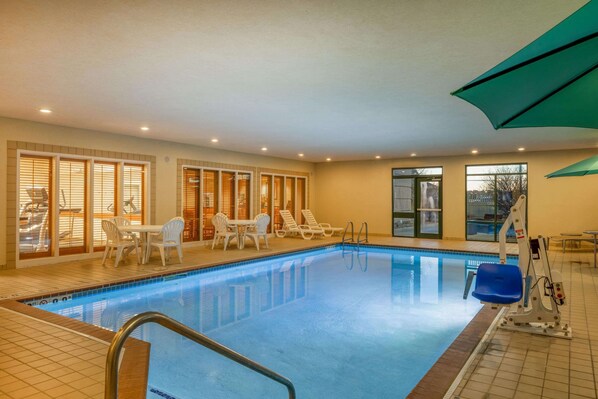 Indoor pool, open 7:00 AM to 10:00 PM, pool umbrellas, pool loungers