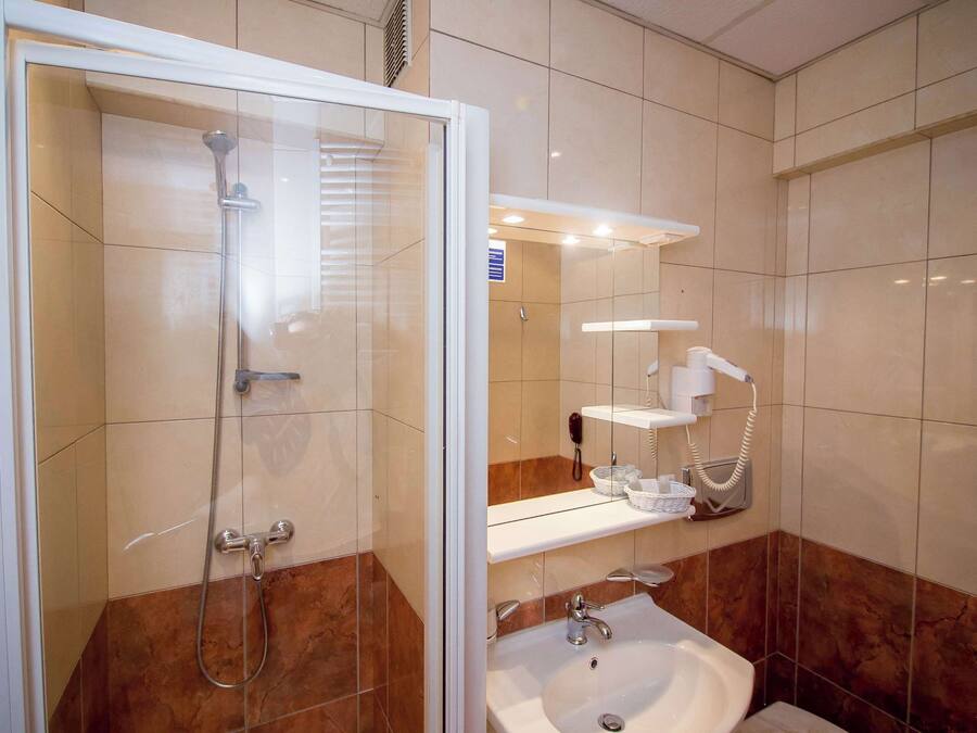 Een badkamer met een douche met glazen wand, een wastafel en een toilet.