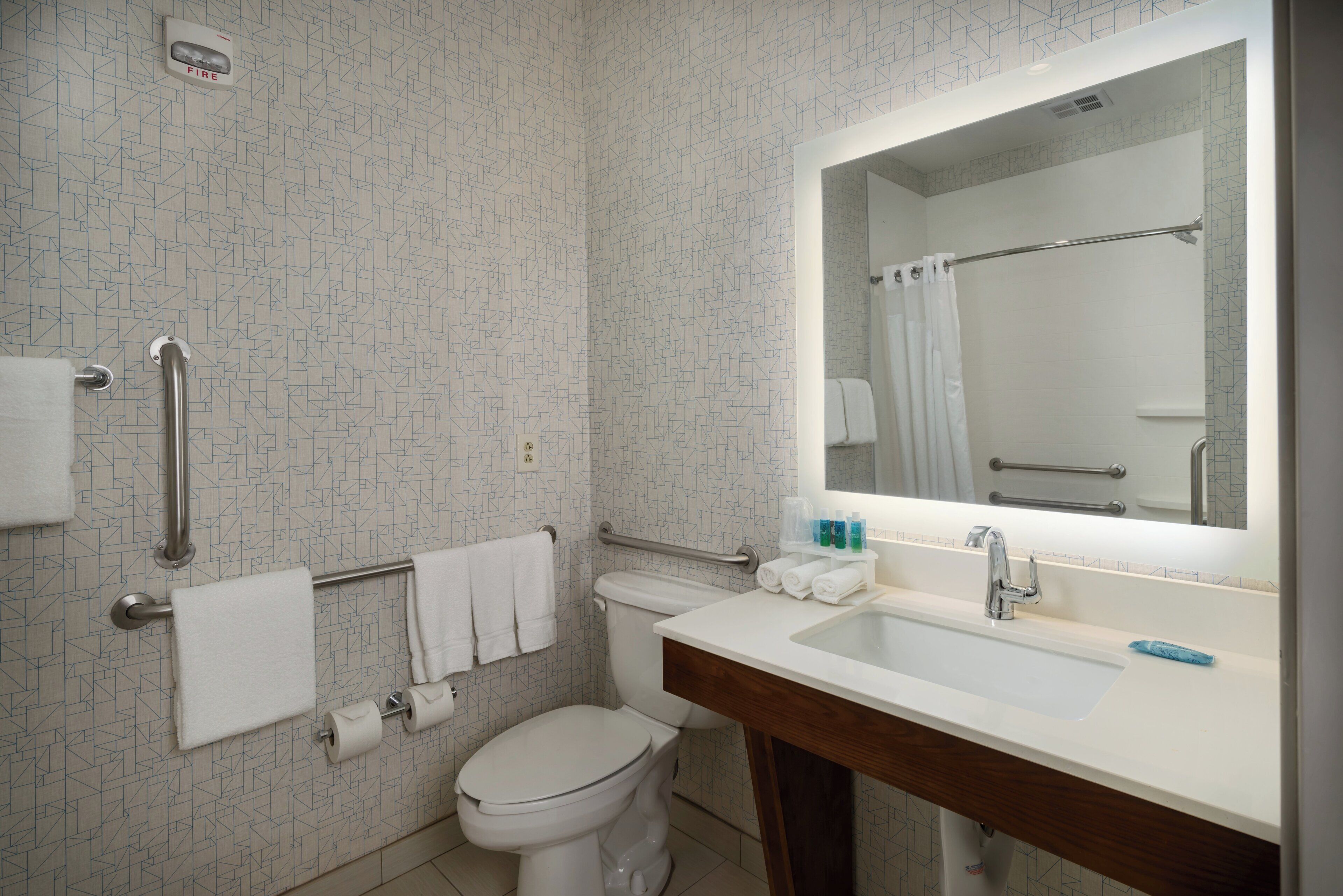 A bathroom with a toilet, sink, mirror, and handrails.