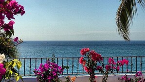 A coastal view with a clear sky, a railing, and vibrant pink flowers. - Emperador Vallarta Beachfront Hotel and Suites (Puerto Vallarta)