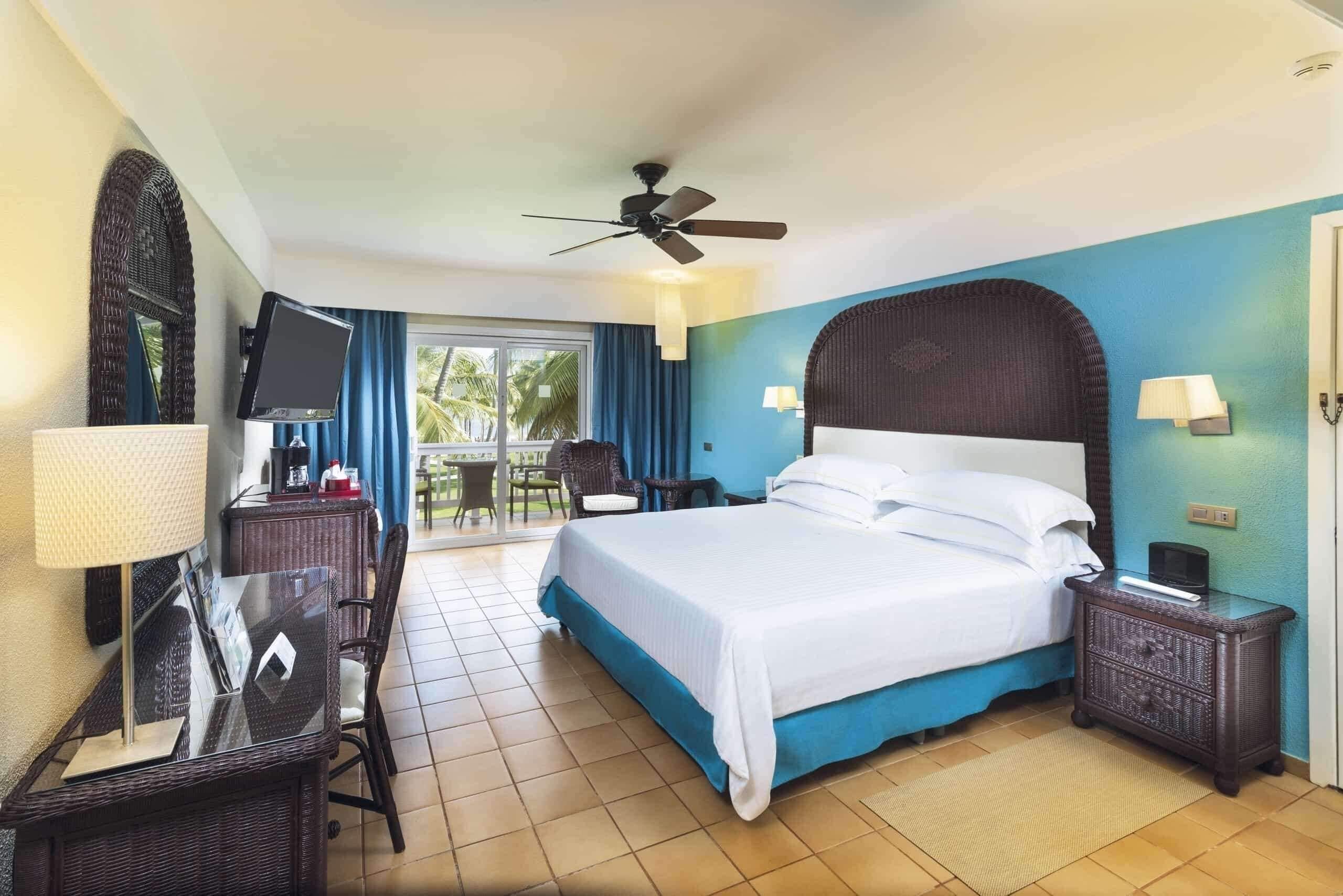 A hotel room with a bed, a desk, a TV, a ceiling fan, and a view of the outdoors.