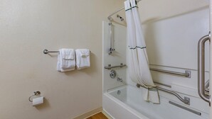 Ein Badezimmer mit Dusche, Haltegriffen und einem Handtuchhalter.