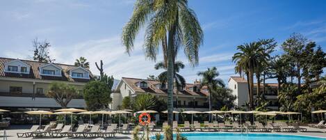 A pool area with lounge chairs and umbrellas, surrounded by palm trees and buildings.