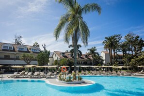 Outdoor pool, pool umbrellas, pool loungers