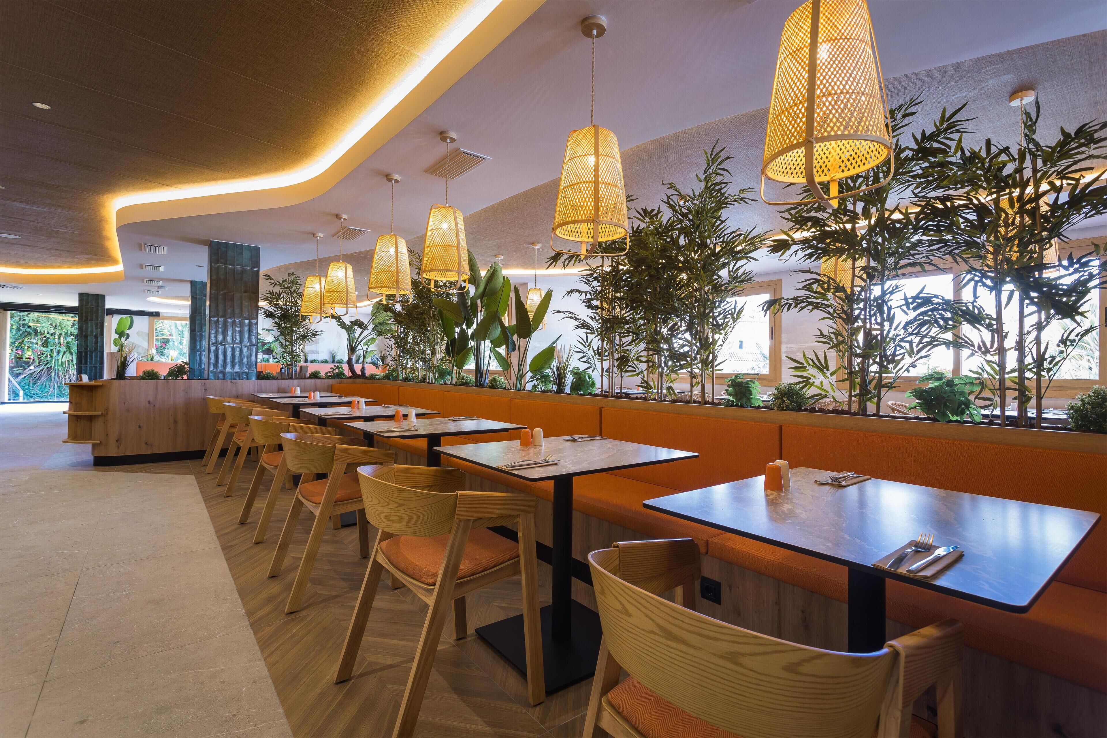 Interior modern d'un restaurant amb taules i cadires de fusta, llums penjants i plantes d'interior.