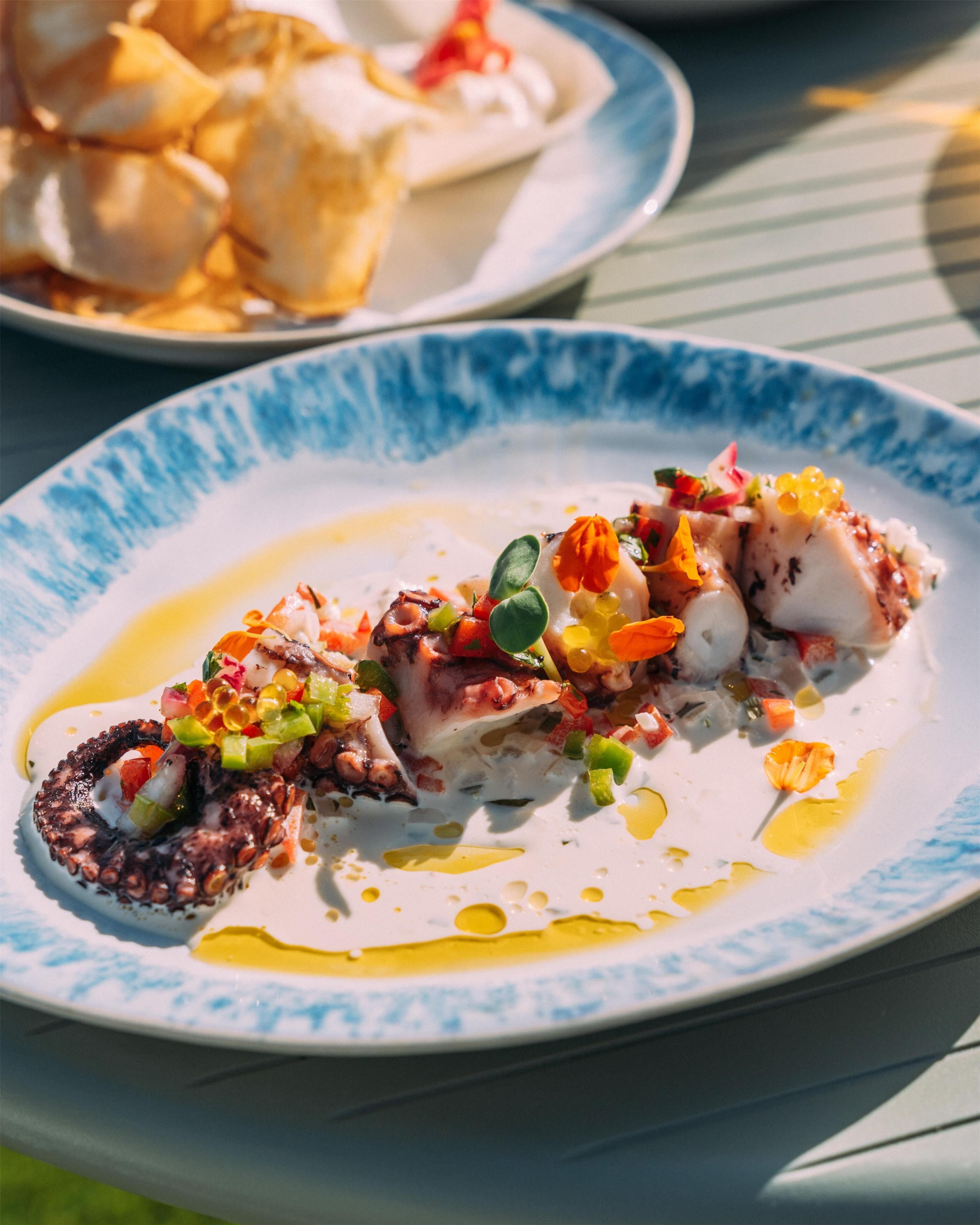 A plate of octopus dish with vegetables and sauce.