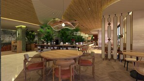 Breakfast, dinner served; international cuisine, pool views 