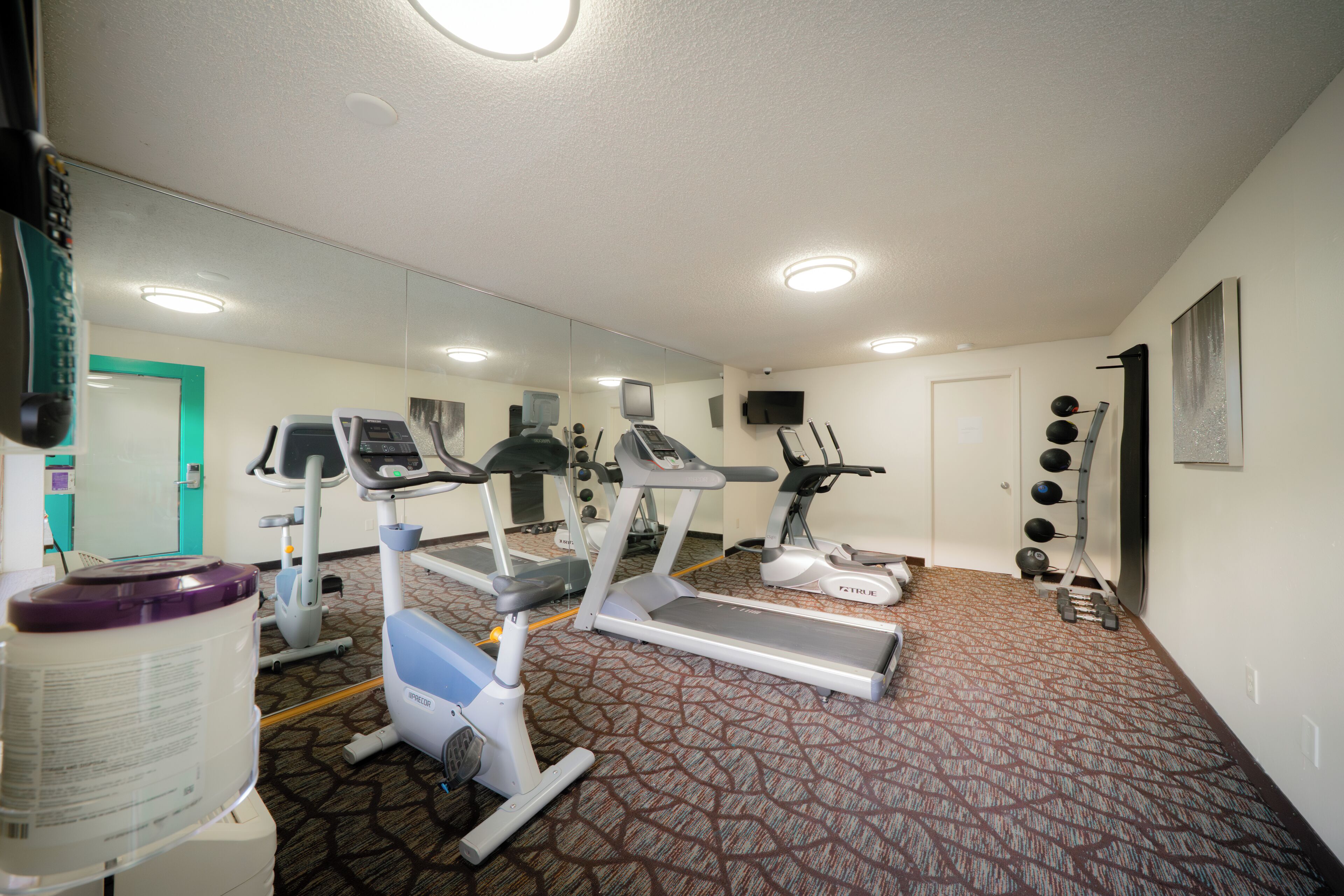 A gym with treadmills, elliptical machines, and a weight rack.