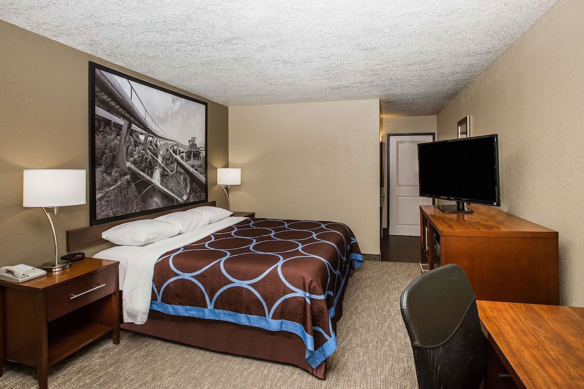 Habitación de hotel con cama, escritorio, silla, televisión y un cuadro grande en la pared.