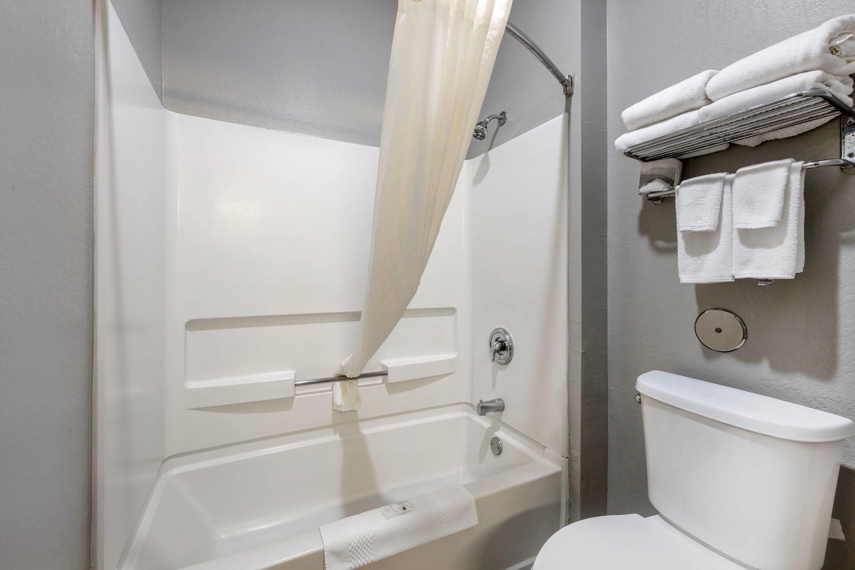 A bathroom with a bathtub, toilet, and towel rack.