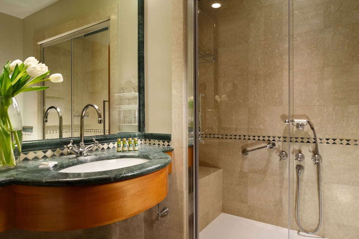 free toiletries, hair dryer, bidet, towels