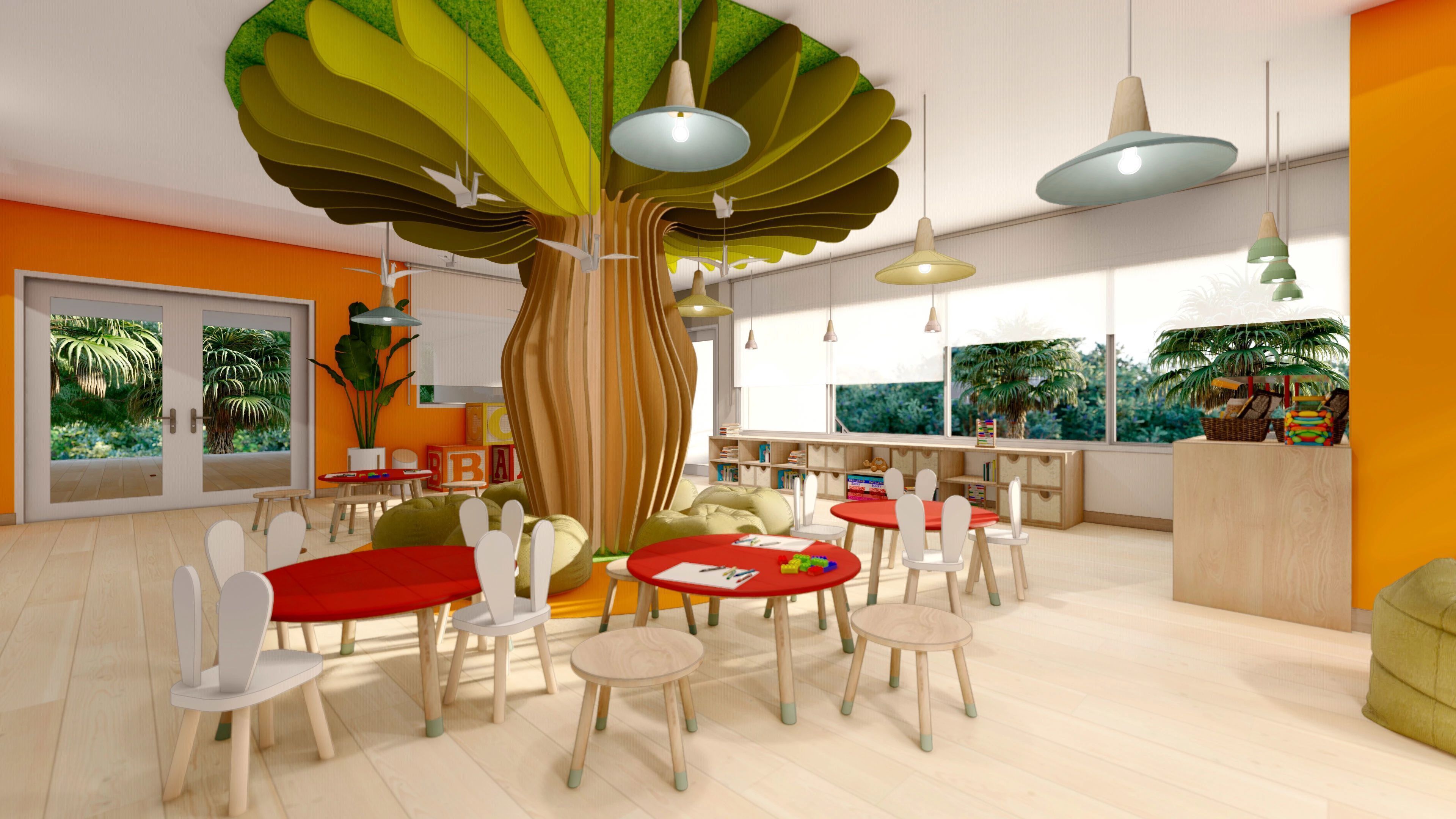 Un moderno cuarto de juegos para niños con un gran árbol como pieza central, mesas redondas y sillas coloridas.