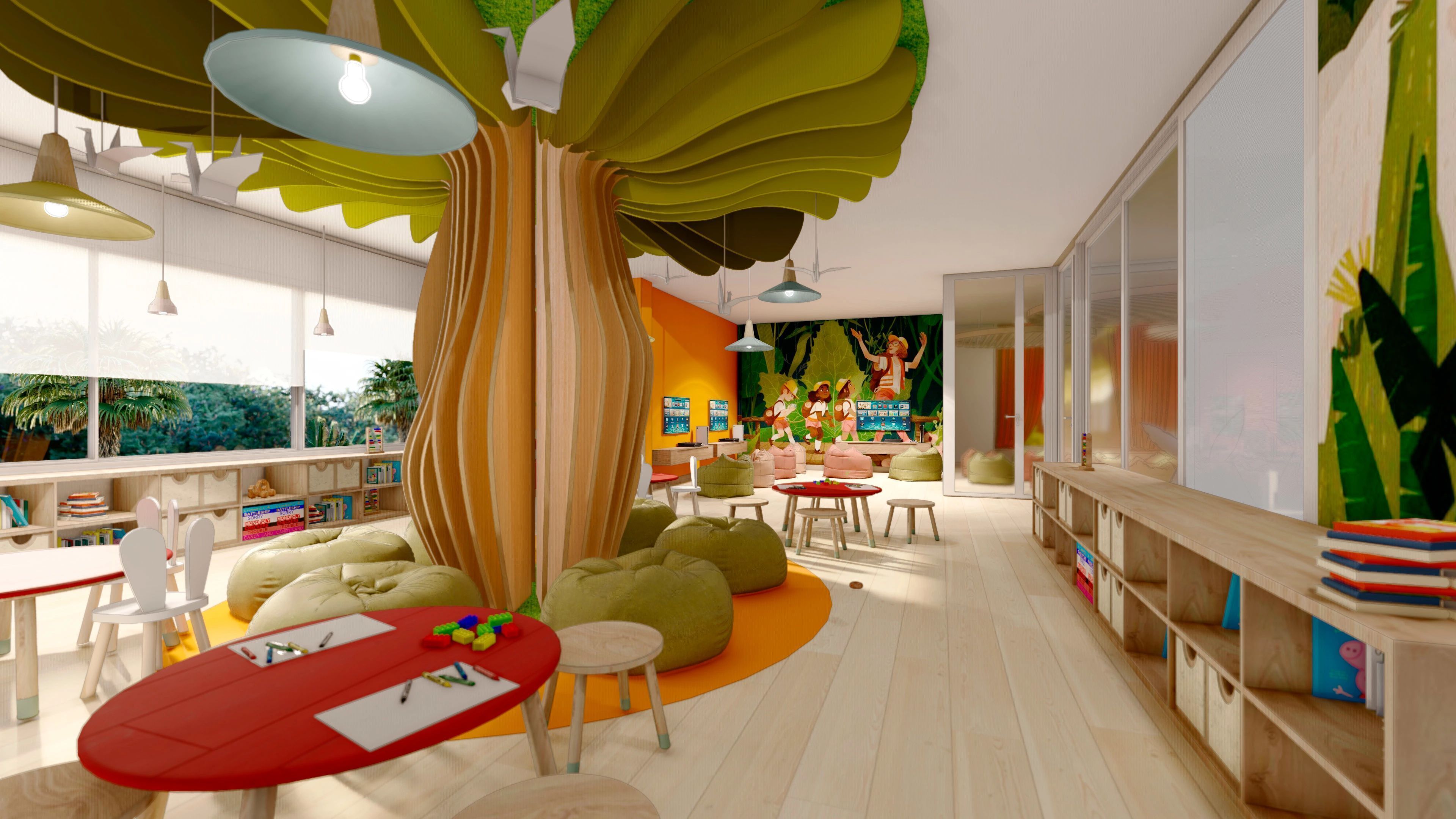 A modern children's playroom with a large tree mural, bean bags, and a red table with toys.